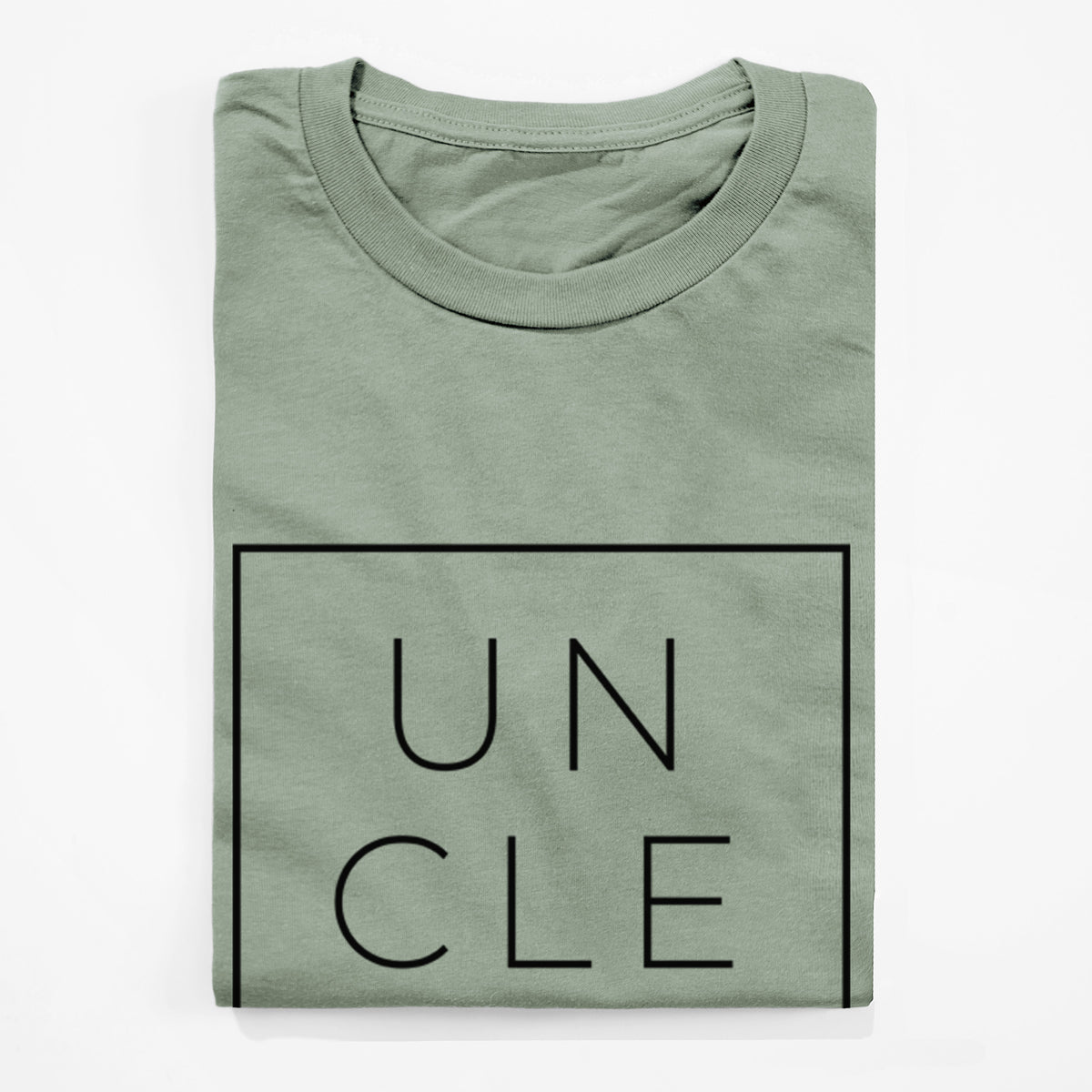 Sage green lightweight cotton t-shirt folded, showing the word UNCLE in thin black letters stacked inside a square outline.