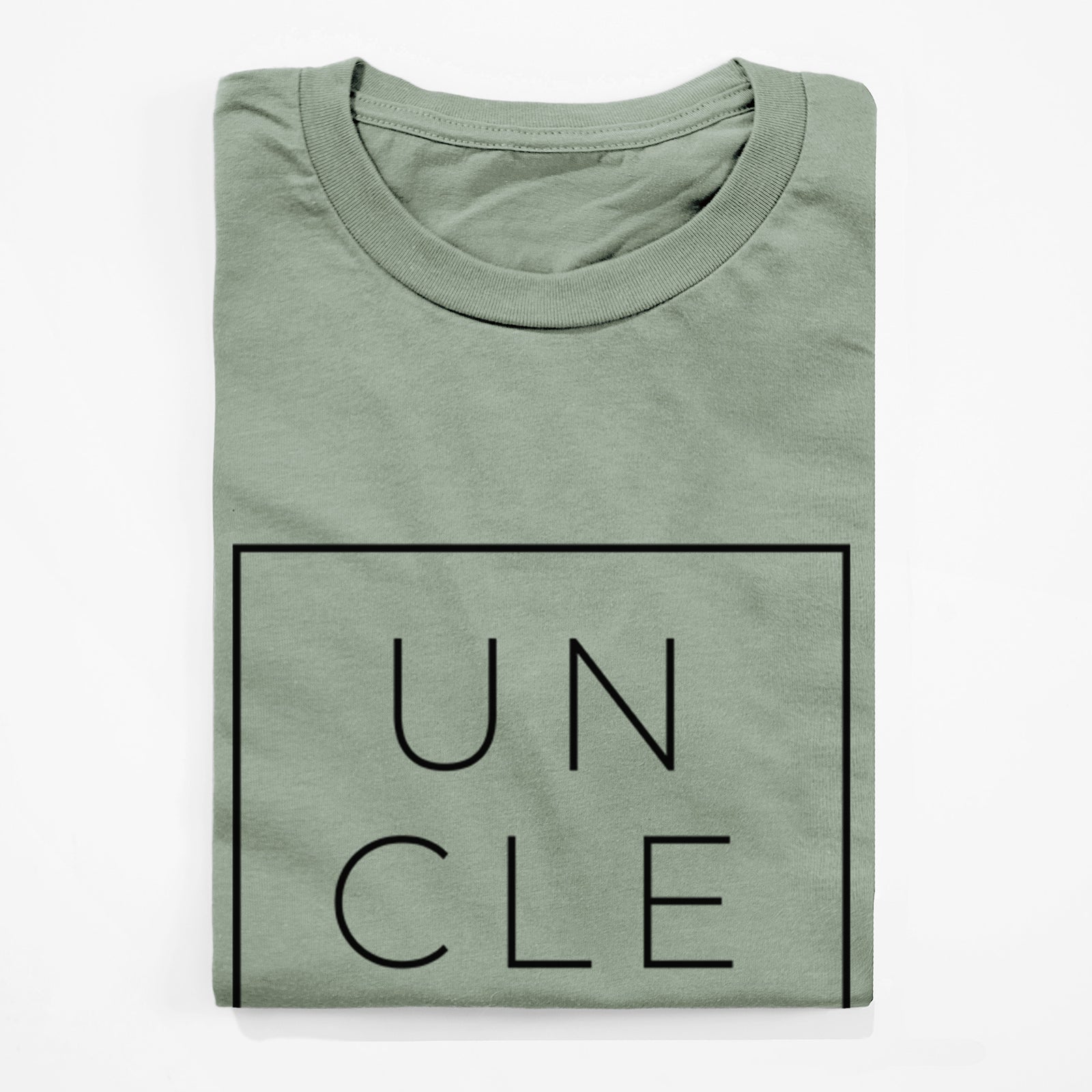 Vintage denim lightweight cotton t-shirt laid flat, printed with the word UNCLE in thin black letters stacked inside a square outline.