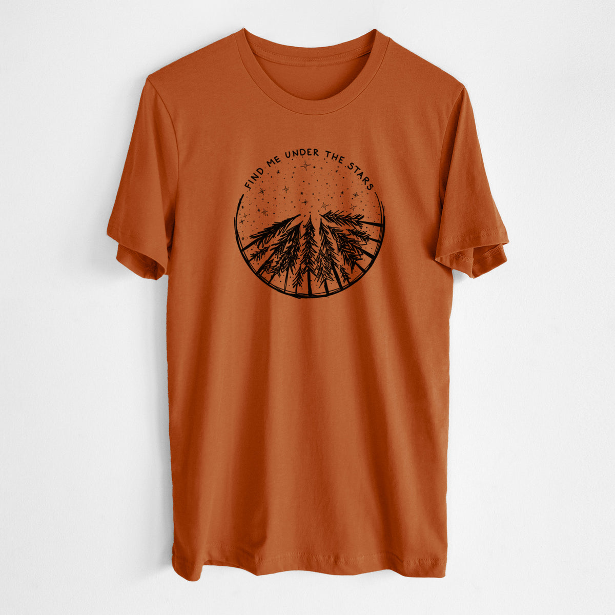 Autumn lightweight cotton t-shirt laid flat, printed with a circle of pine trees under a starry sky, with the words Find Me Under the Stars.