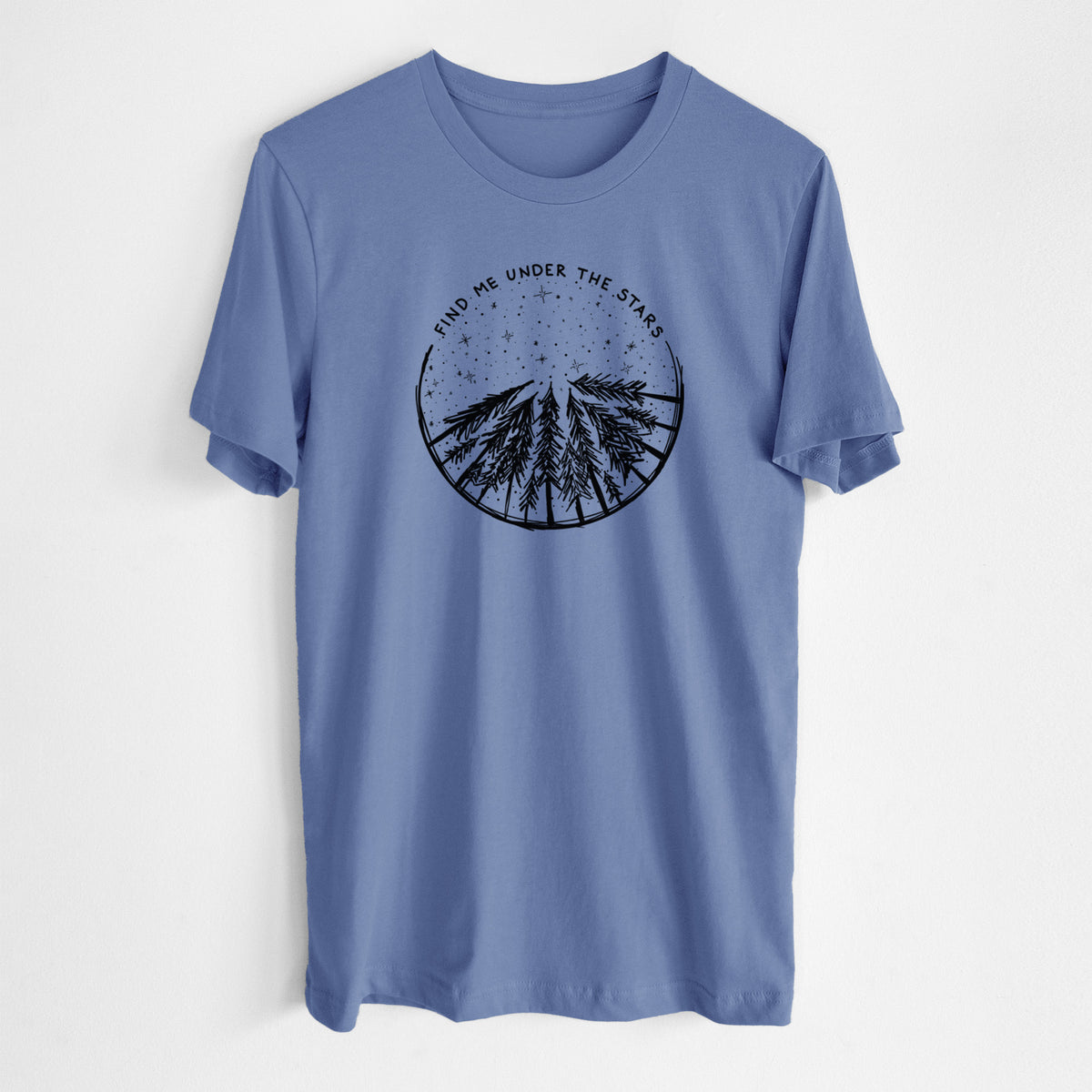 Blue bell lightweight cotton t-shirt laid flat, printed with a circle of pine trees under a starry sky, with the words Find Me Under the Stars.