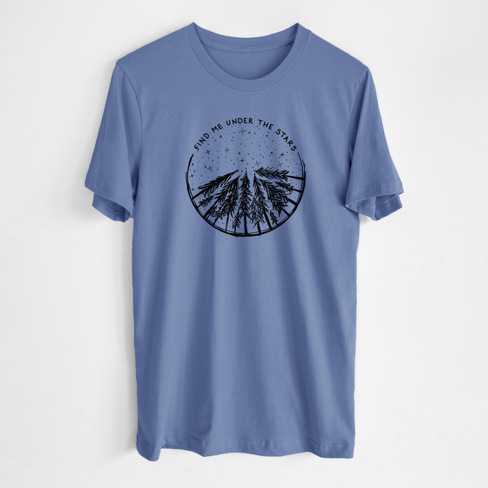 Military green lightweight cotton t-shirt laid flat, printed with a circle of pine trees under a starry sky, with the words Find Me Under the Stars.