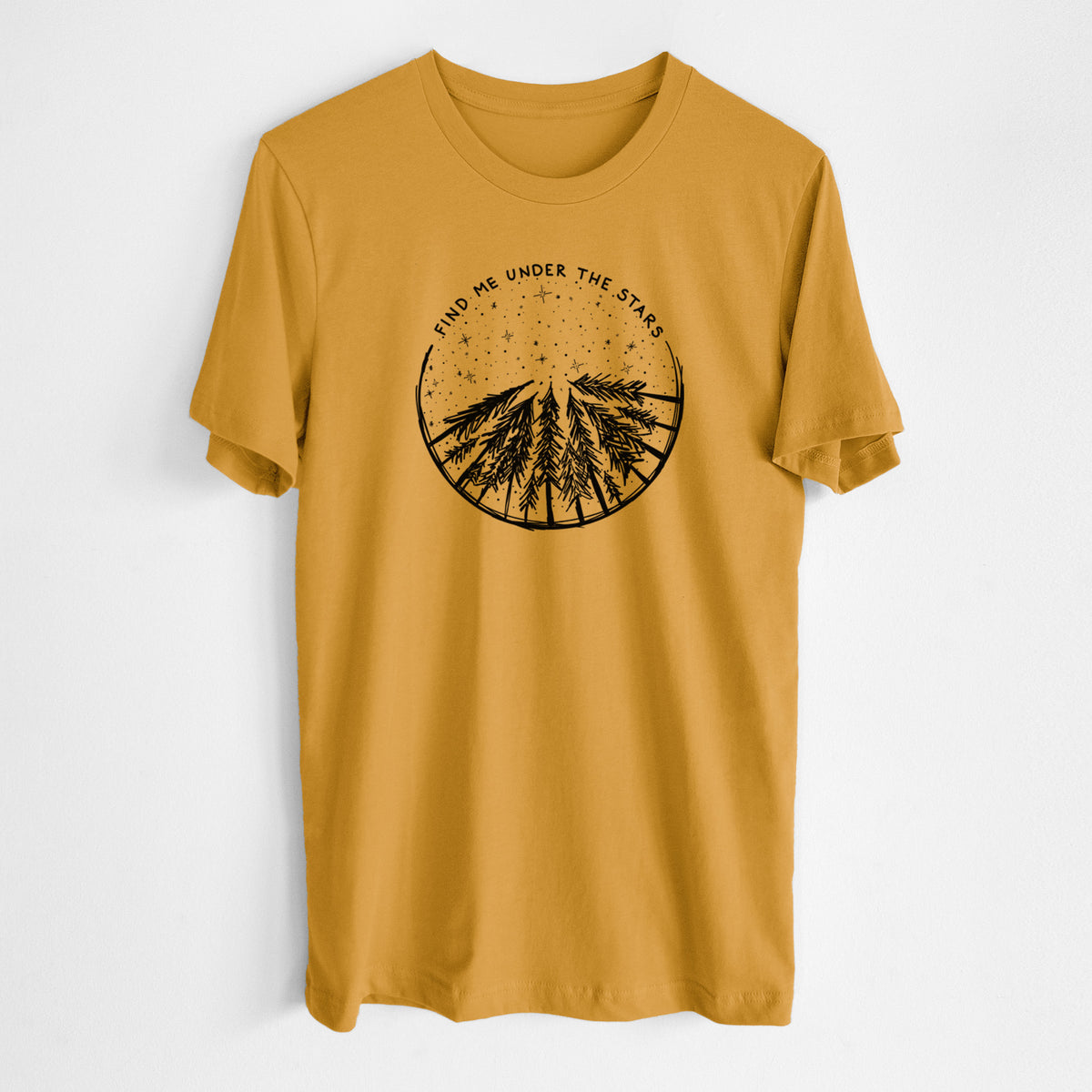 Honeycomb yellow lightweight cotton t-shirt laid flat, printed with a circle of pine trees under a starry sky, with the words Find Me Under the Stars.