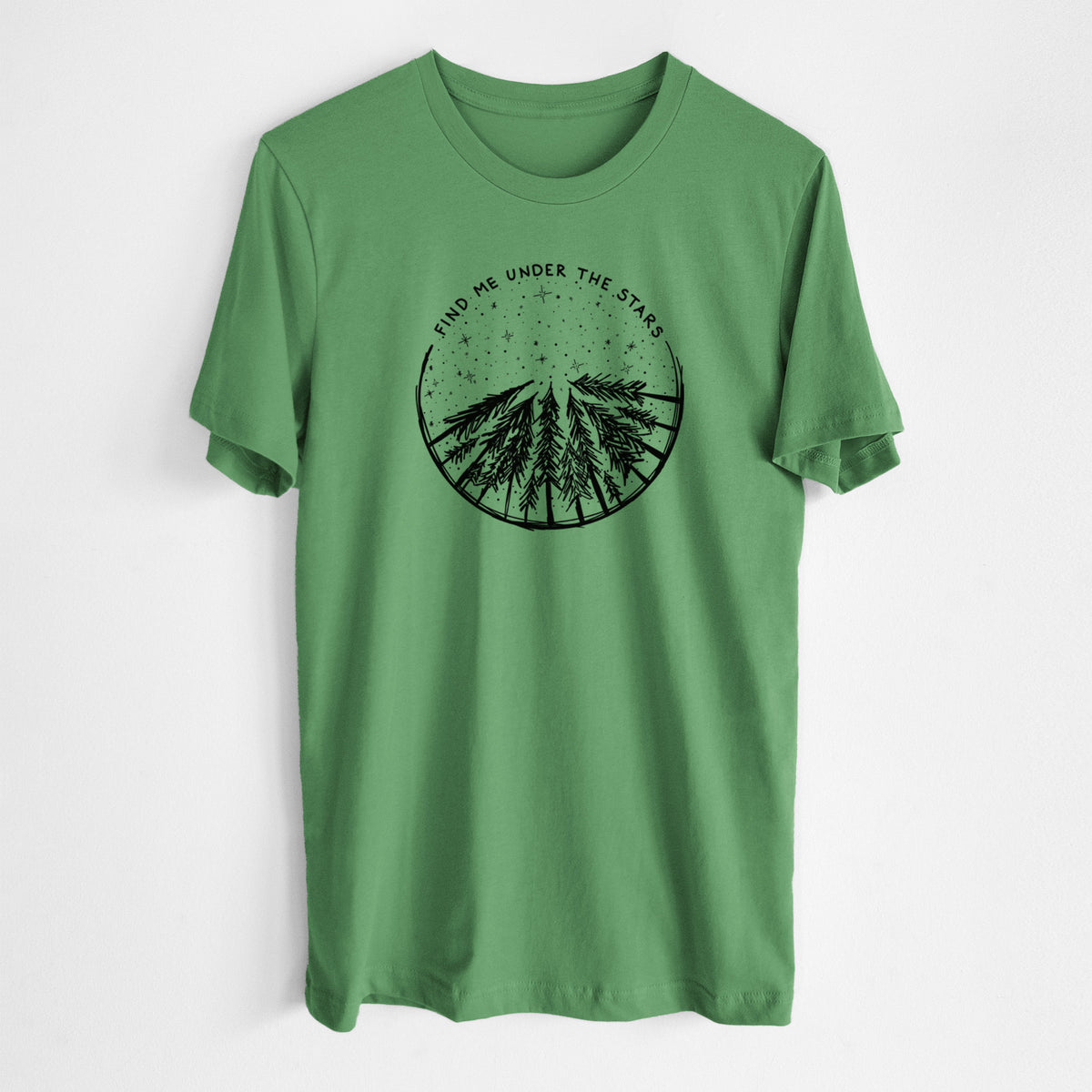 Leaf green lightweight cotton t-shirt laid flat, printed with a circle of pine trees under a starry sky, with the words Find Me Under the Stars.