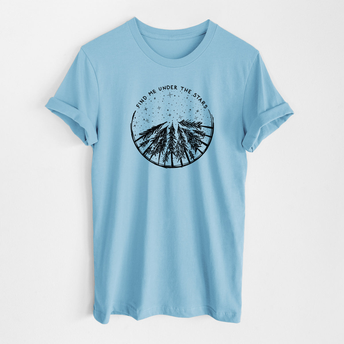 Ocean blue lightweight cotton t-shirt laid flat, printed with a circle of pine trees under a starry sky, with the words Find Me Under the Stars.