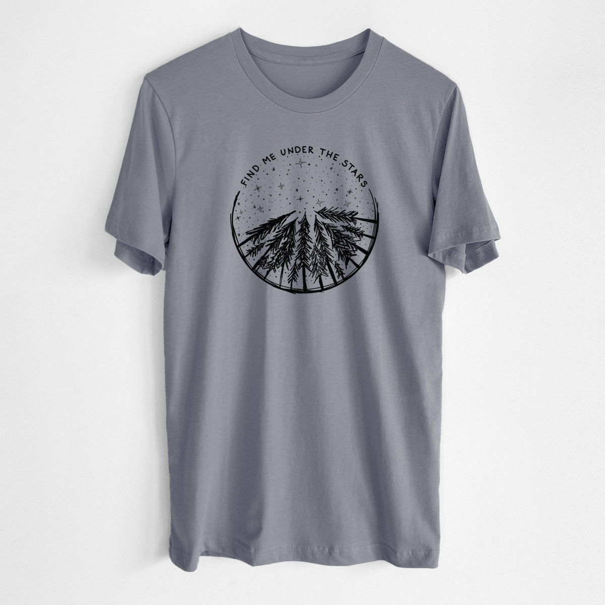 Storm grey lightweight cotton t-shirt laid flat, printed with a circle of pine trees under a starry sky, with the words Find Me Under the Stars.