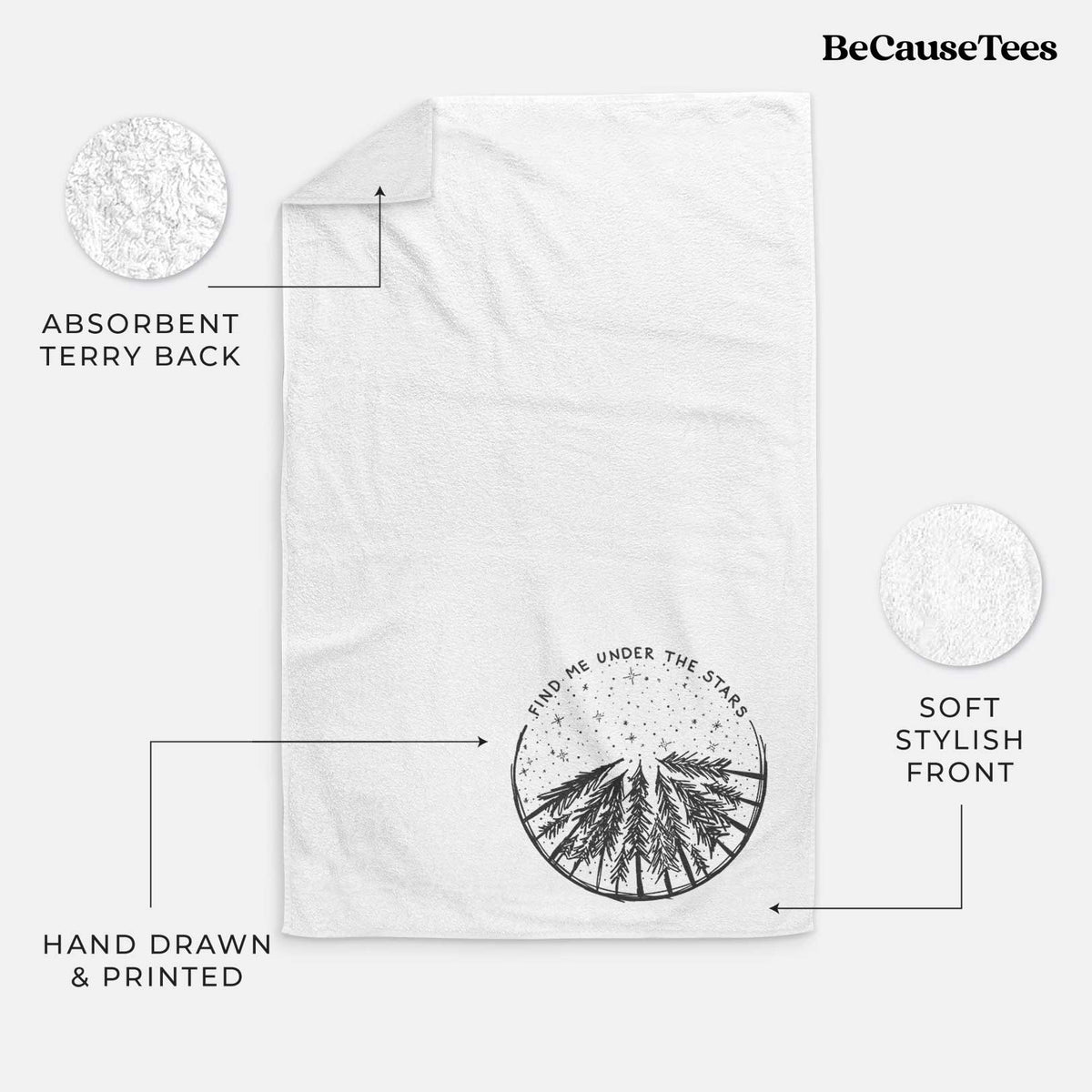 White hand towel printed with a circle of pine trees under a starry sky, with the words Find Me Under the Stars.