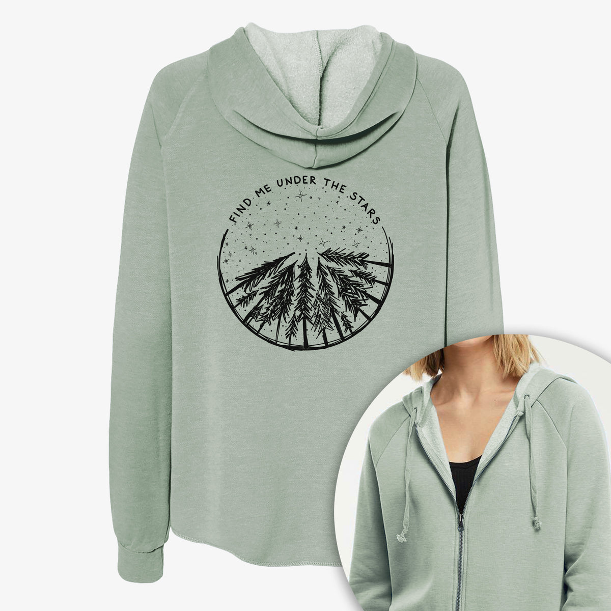 Women's Cali Wave zip-up sweatshirt printed with a circle of pine trees under a starry sky, with the words Find Me Under the Stars, with a close-up of the zipper.