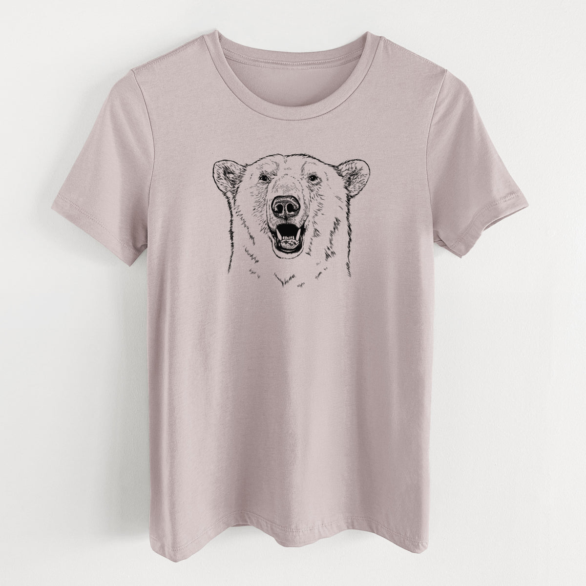 Pink gravel women's relaxed fit cotton t-shirt laid flat, printed with a black ink portrait of a smiling polar bear's face.
