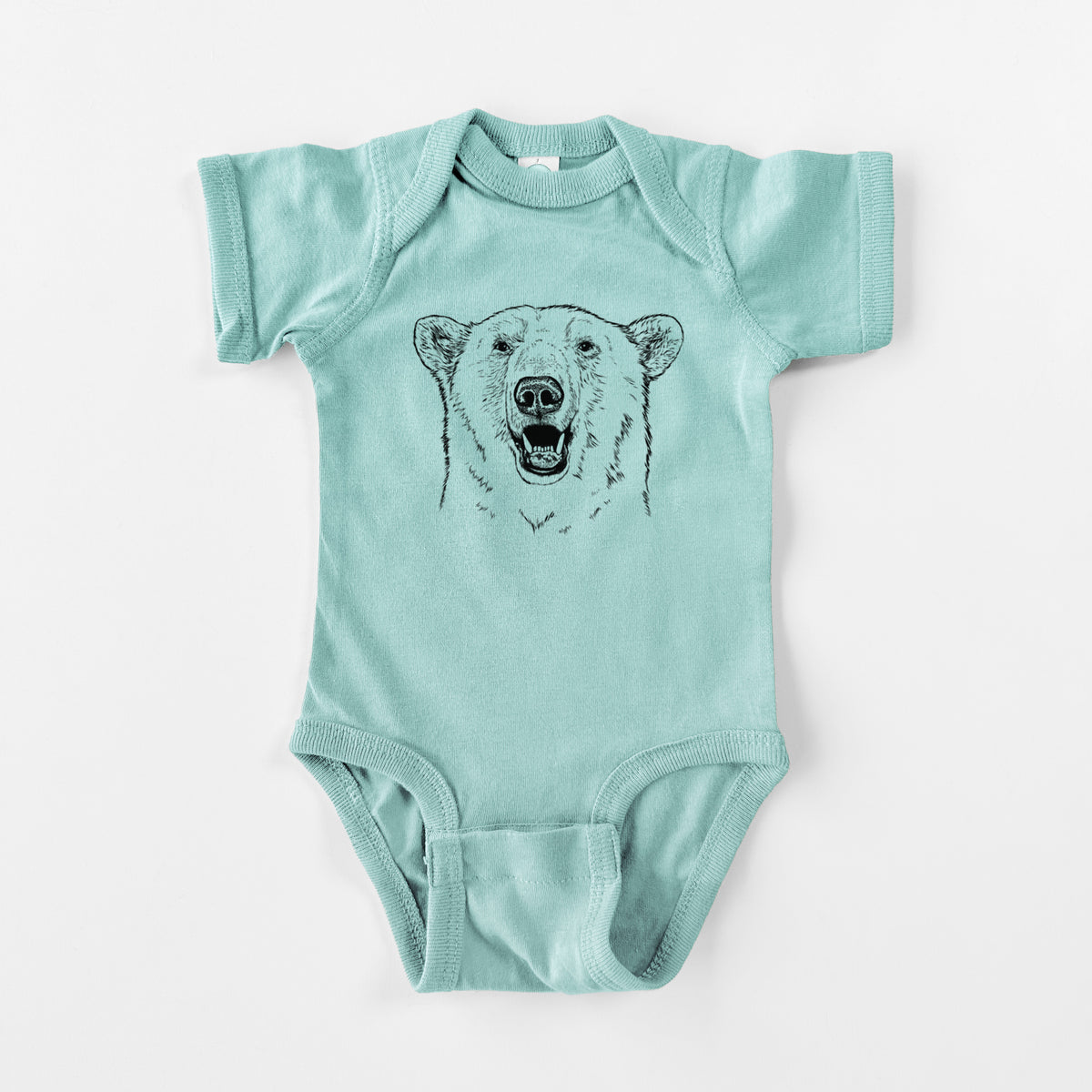 Saltwater baby bodysuit laid flat, printed with a black ink portrait of a smiling polar bear's face.