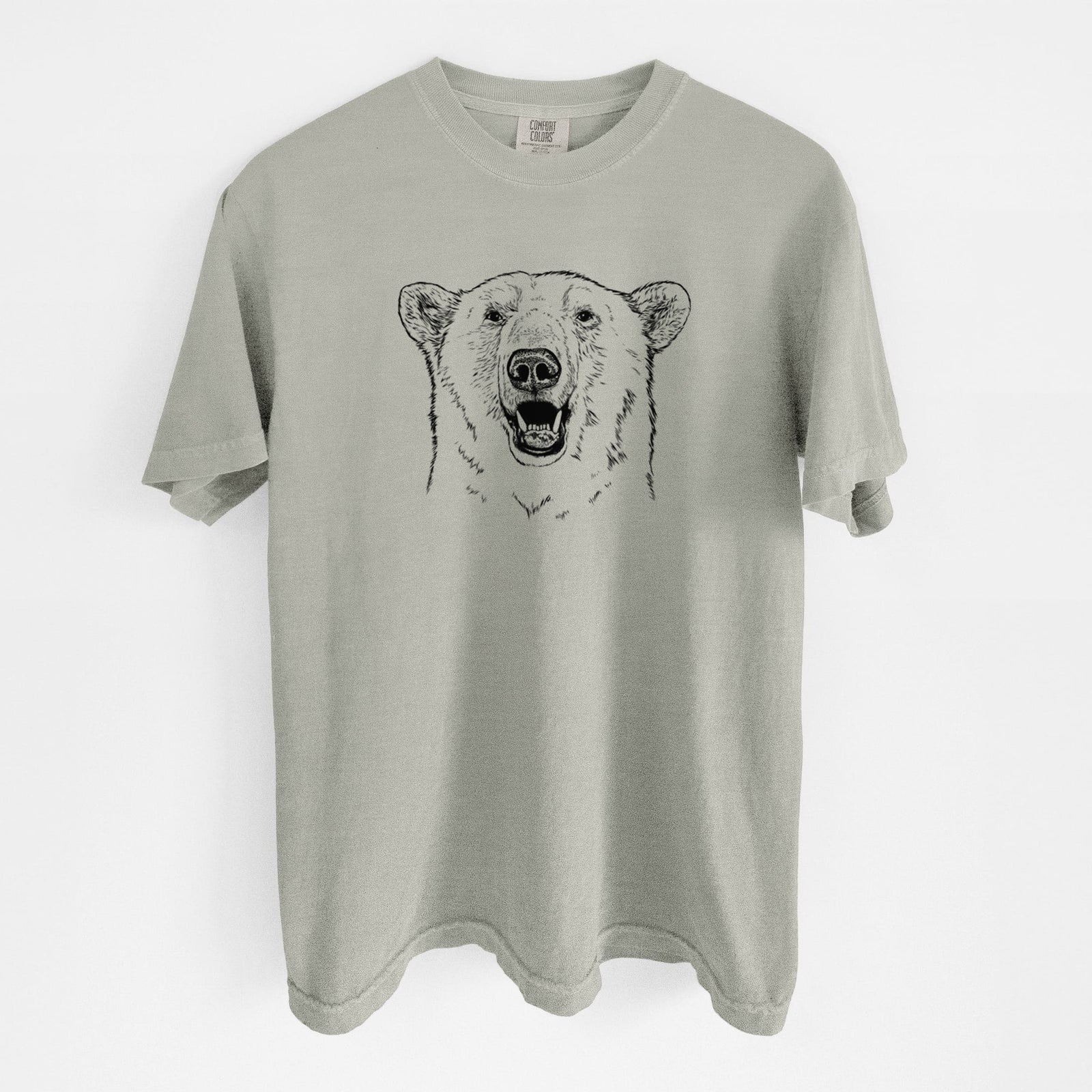 Blue jean Comfort Colors t-shirt laid flat, printed with a black ink portrait of a smiling polar bear's face.