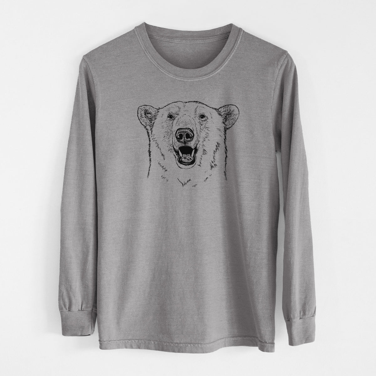 Grey Comfort Colors long sleeve shirt laid flat, printed with a black ink portrait of a smiling polar bear's face.