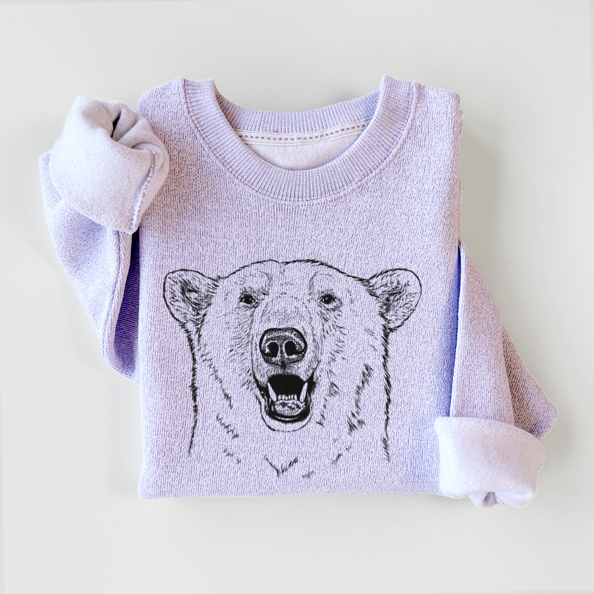 Ice purple knit sweatshirt printed with a black ink portrait of a smiling polar bear's face, styled flat.