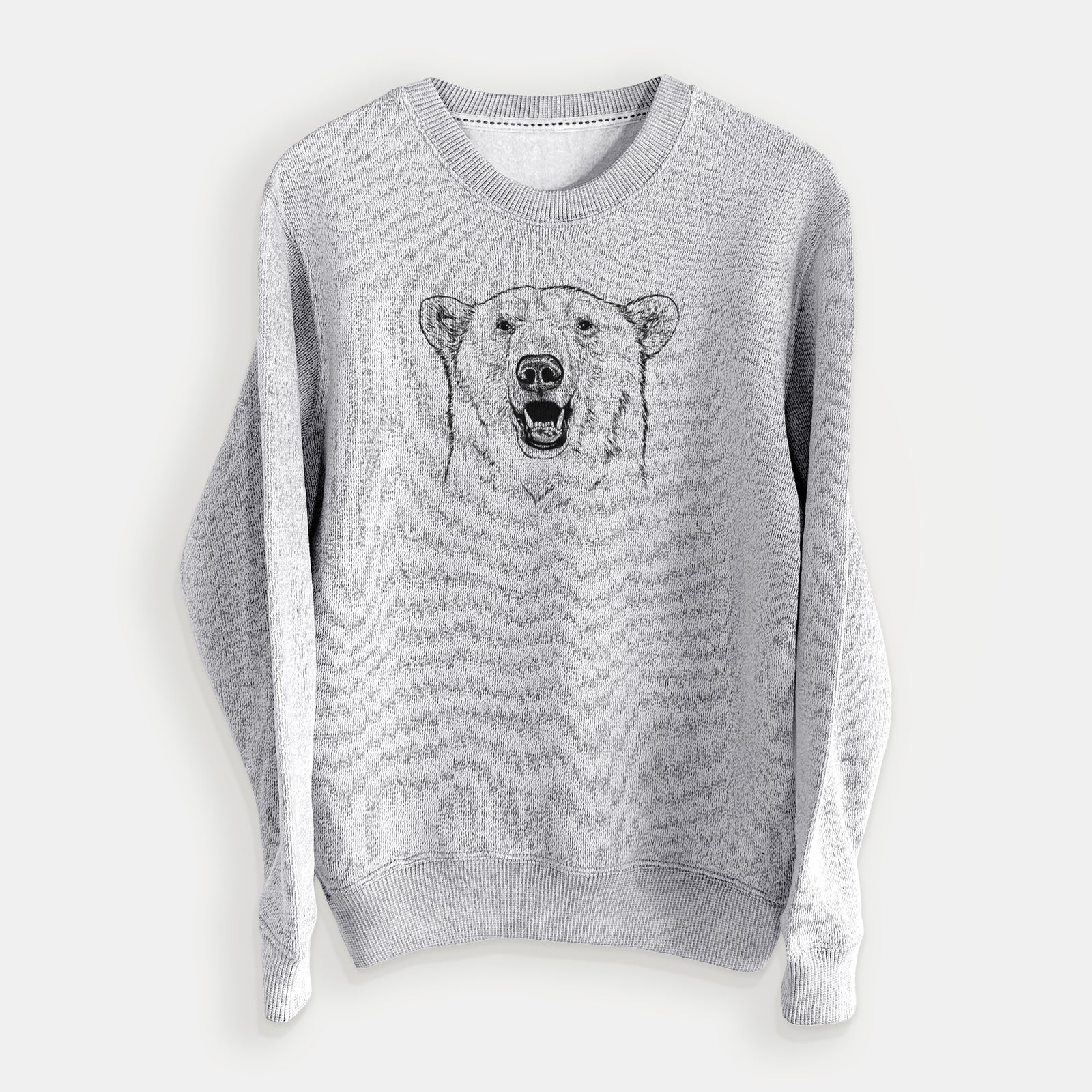 Salt and pepper knit sweatshirt laid flat, printed with a black ink portrait of a smiling polar bear's face.