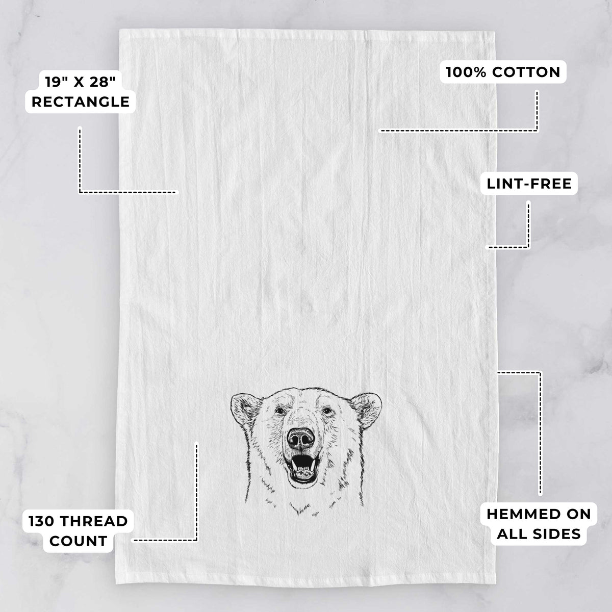 White tea towel printed with a black ink portrait of a smiling polar bear's face, with feature labels: 19 by 28 inch rectangle, 100% cotton, lint-free, 130 thread count, hemmed on all sides.