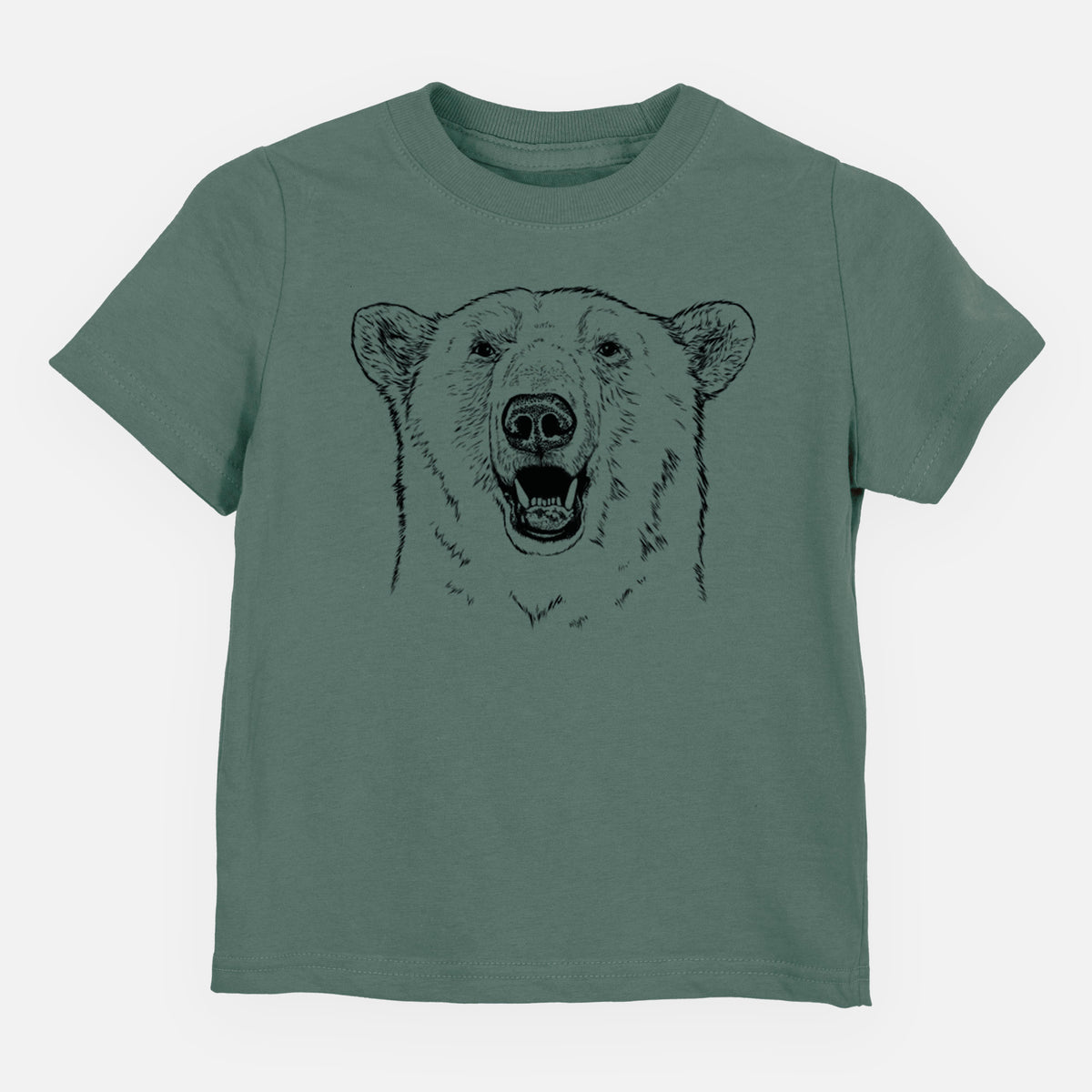 Basil green toddler t-shirt laid flat, printed with a black ink portrait of a smiling polar bear's face.