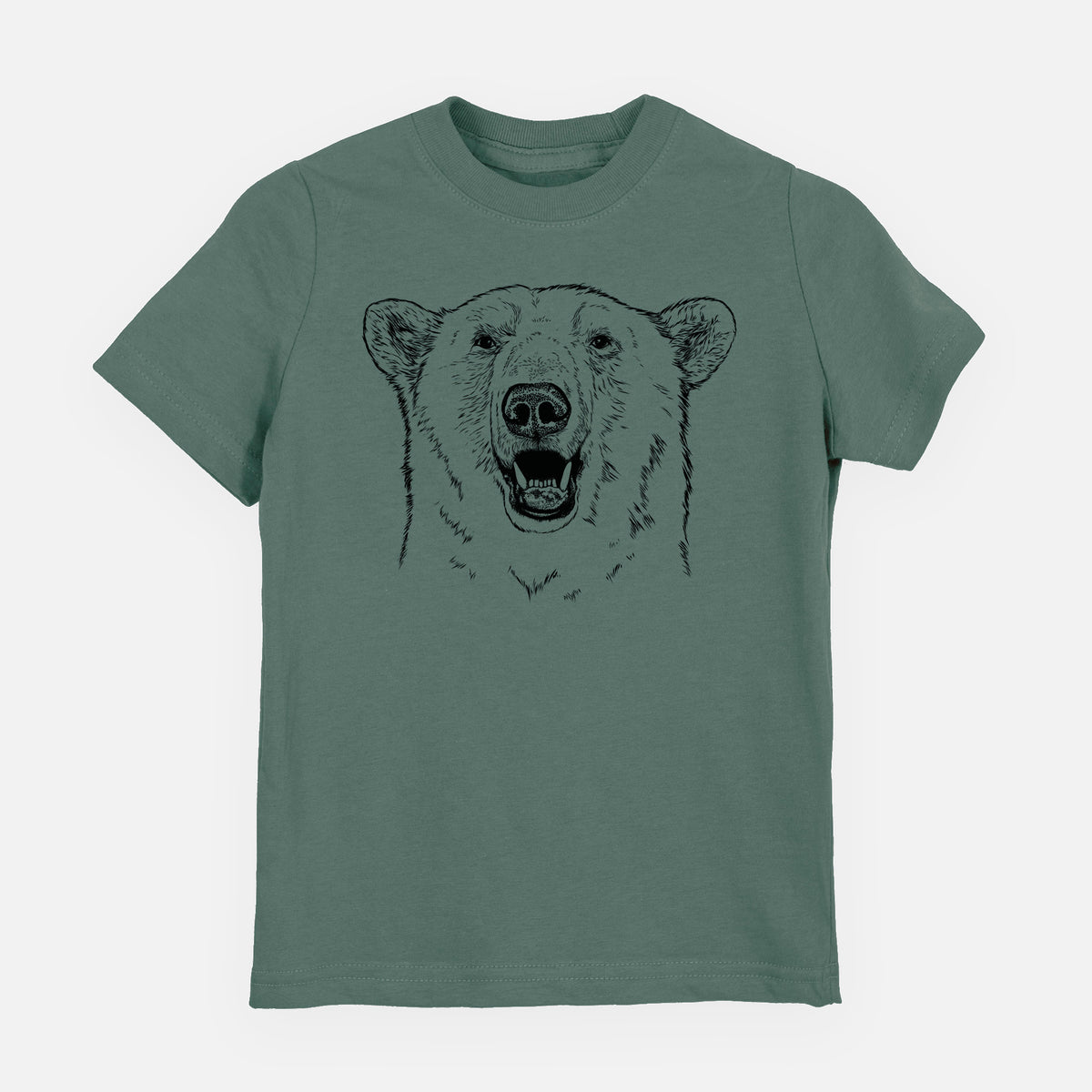 Basil green youth t-shirt laid flat, printed with a black ink portrait of a smiling polar bear's face.