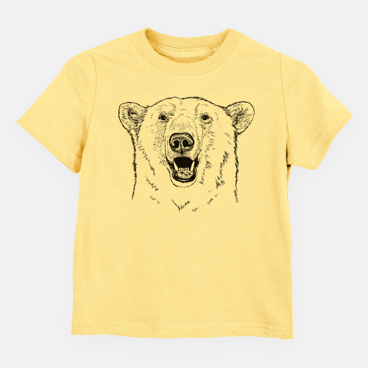 Butter yellow toddler t-shirt laid flat, printed with a black ink portrait of a smiling polar bear's face.