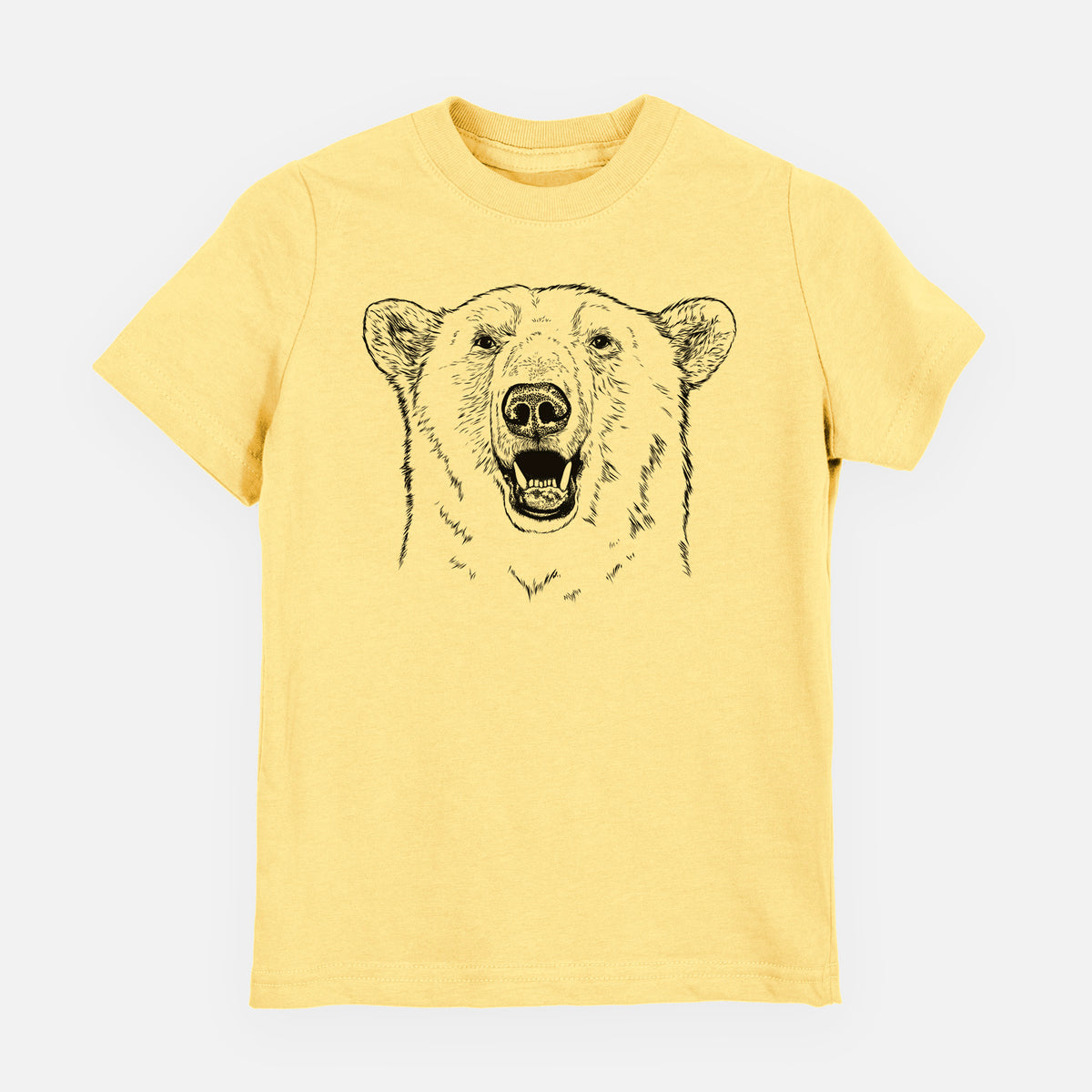 Butter yellow youth t-shirt laid flat, printed with a black ink portrait of a smiling polar bear's face.