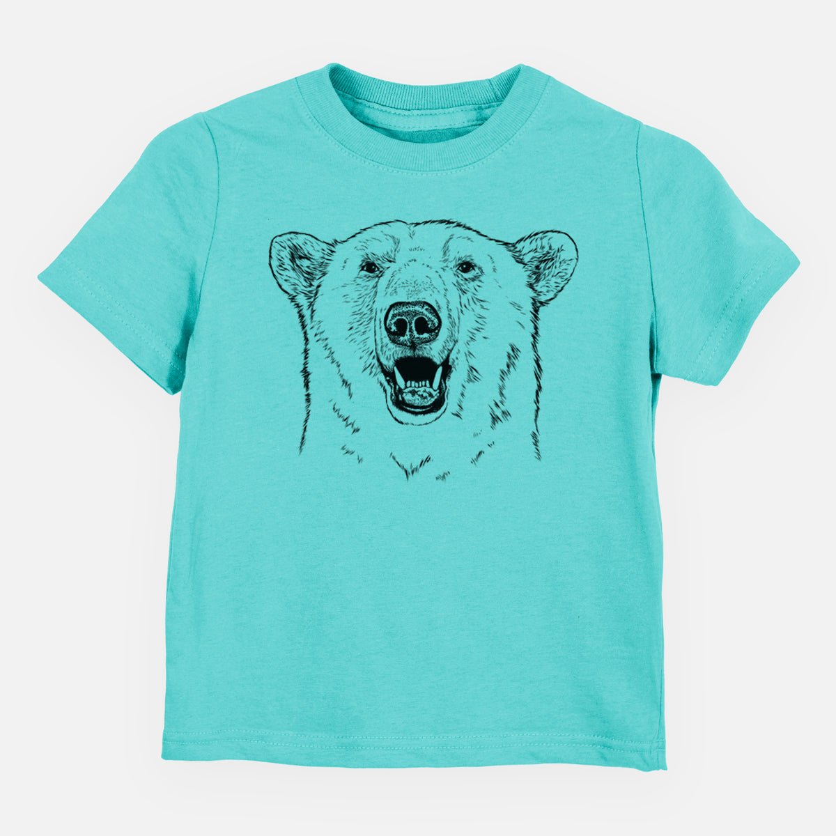 Caribbean blue toddler t-shirt laid flat, printed with a black ink portrait of a smiling polar bear's face.