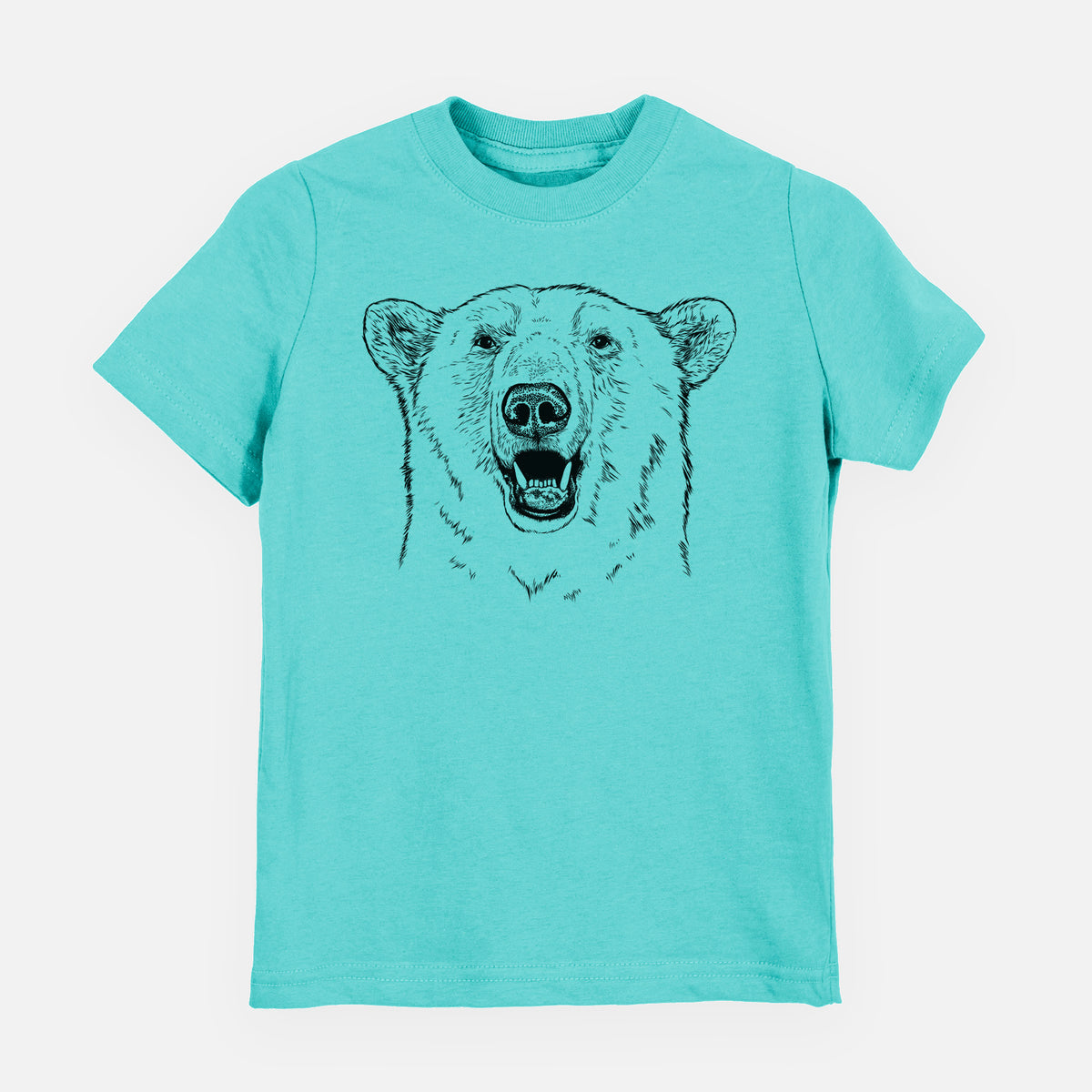 Caribbean blue youth t-shirt laid flat, printed with a black ink portrait of a smiling polar bear's face.