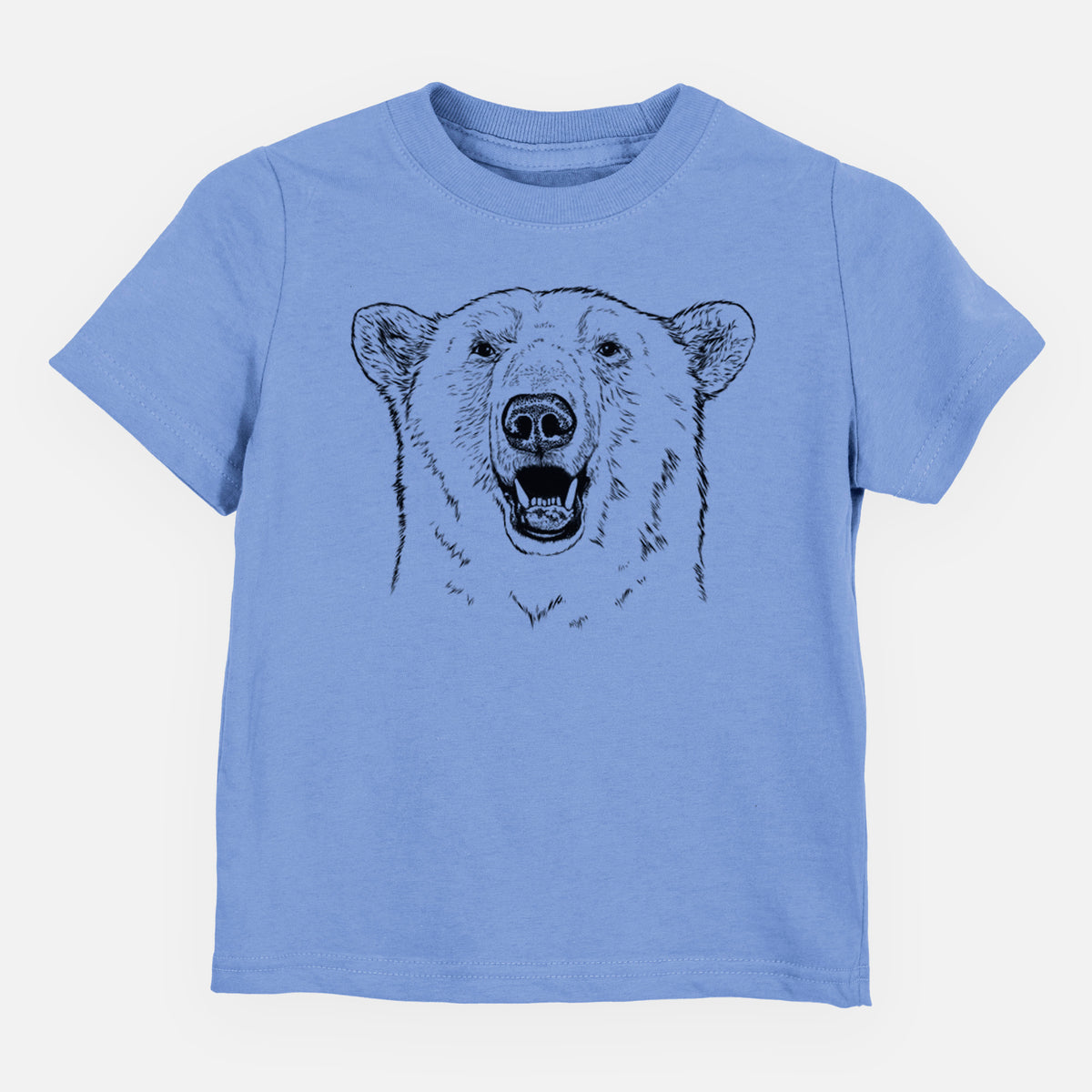 Carolina blue toddler t-shirt laid flat, printed with a black ink portrait of a smiling polar bear's face.