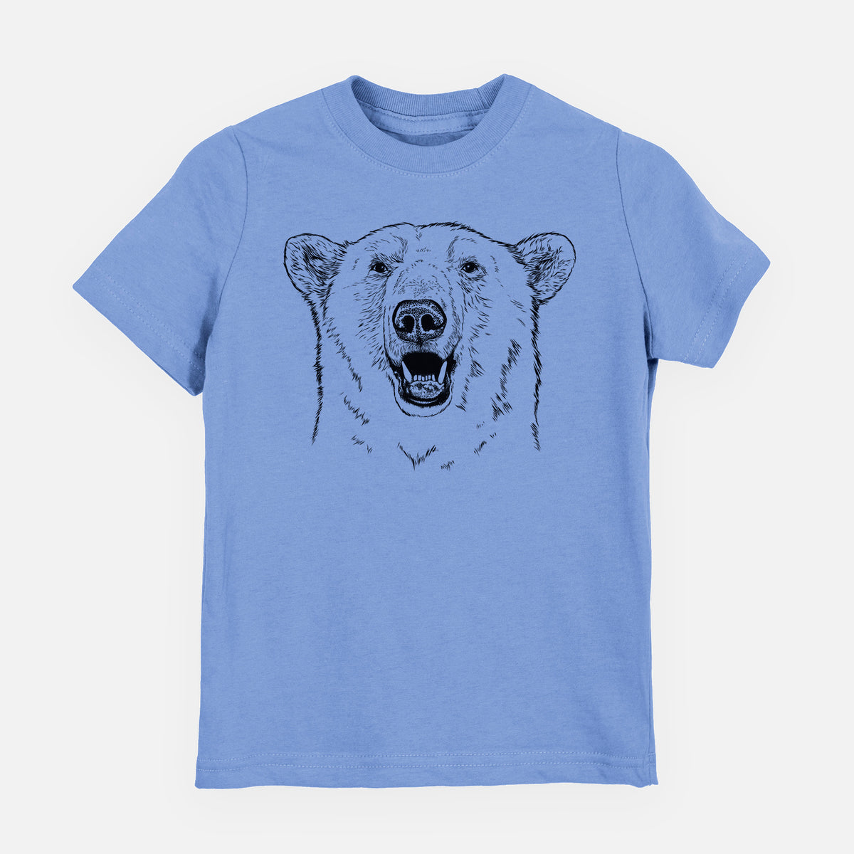 Carolina blue youth t-shirt laid flat, printed with a black ink portrait of a smiling polar bear's face.