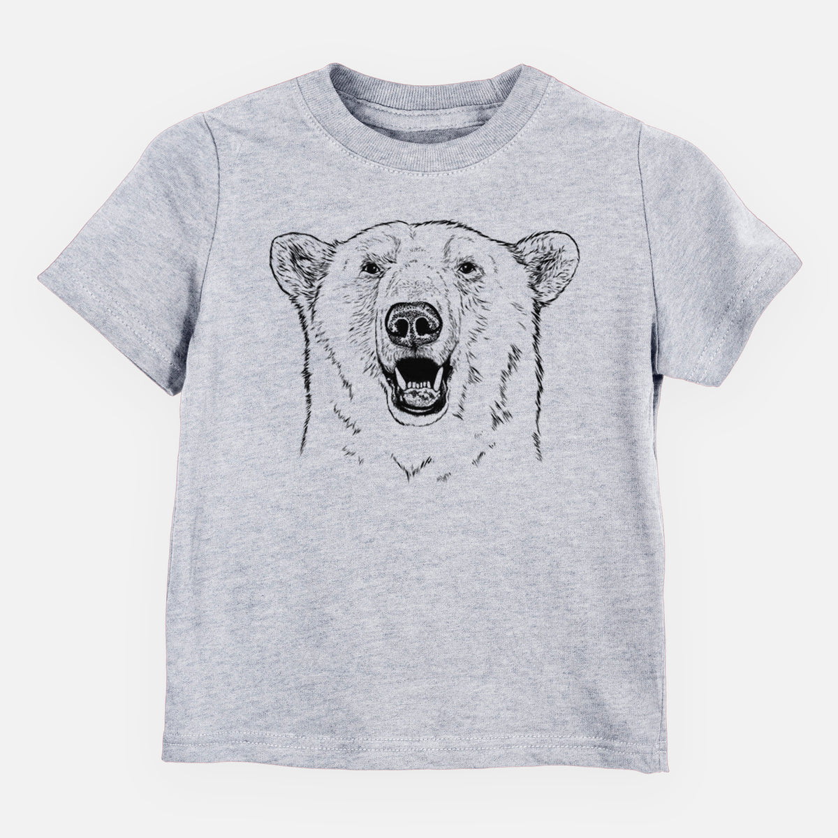 Heather grey toddler t-shirt laid flat, printed with a black ink portrait of a smiling polar bear's face.