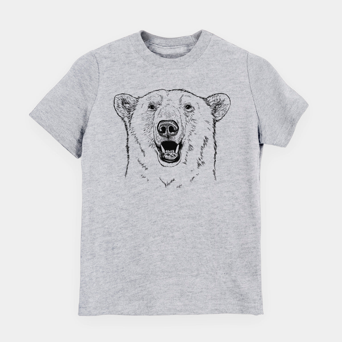 Heather grey youth t-shirt laid flat, printed with a black ink portrait of a smiling polar bear's face.