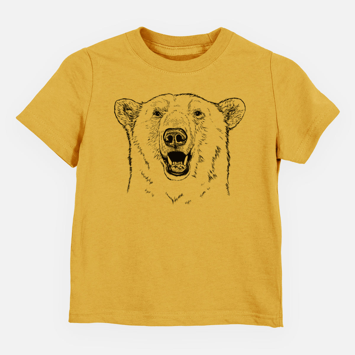 Honeycomb yellow toddler t-shirt laid flat, printed with a black ink portrait of a smiling polar bear's face.