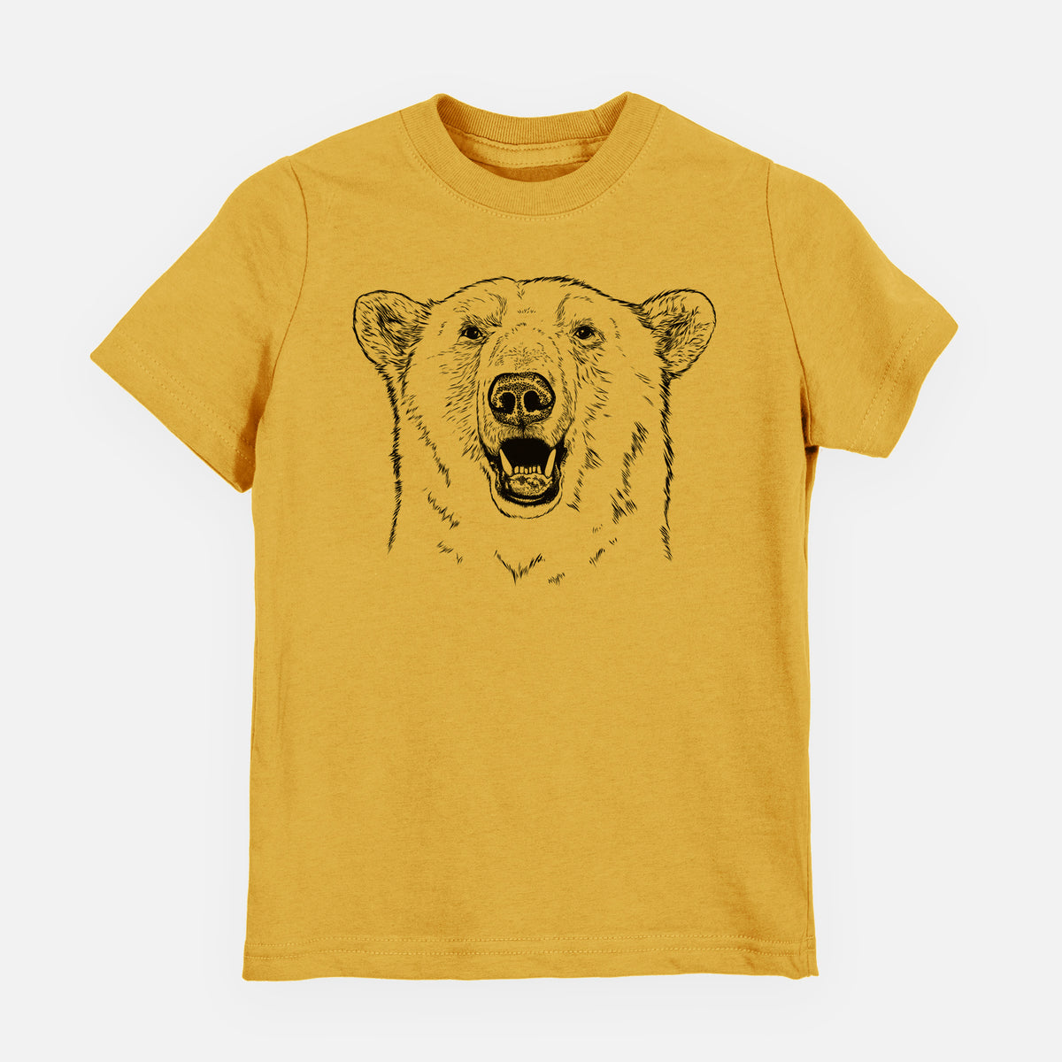 Honeycomb yellow youth t-shirt laid flat, printed with a black ink portrait of a smiling polar bear's face.