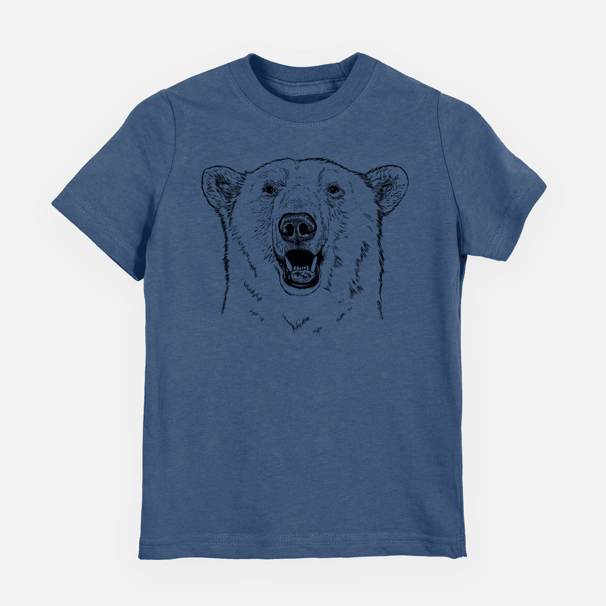 Indigo blue youth t-shirt laid flat, printed with a black ink portrait of a smiling polar bear's face.