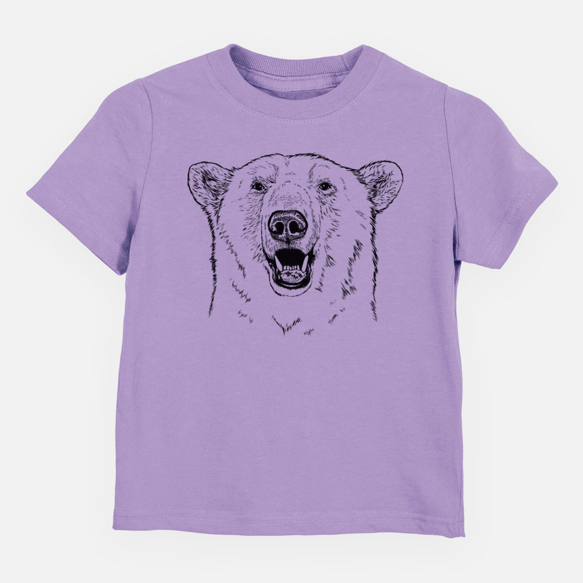 Lavender toddler t-shirt laid flat, printed with a black ink portrait of a smiling polar bear's face.