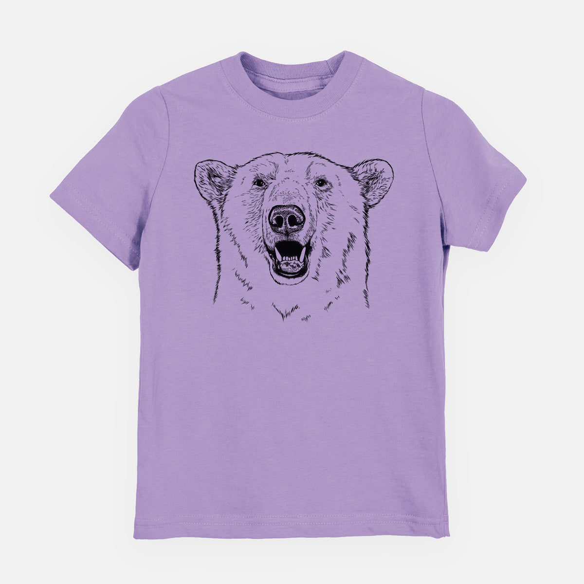 Lavender youth t-shirt laid flat, printed with a black ink portrait of a smiling polar bear's face.