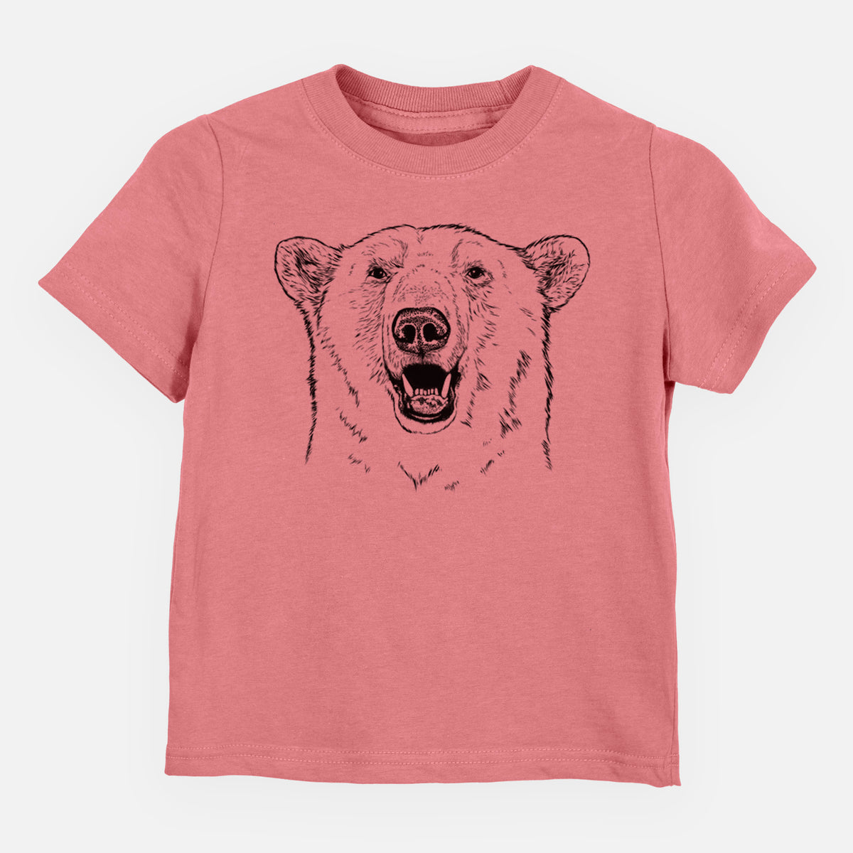 Mauve pink toddler t-shirt laid flat, printed with a black ink portrait of a smiling polar bear's face.