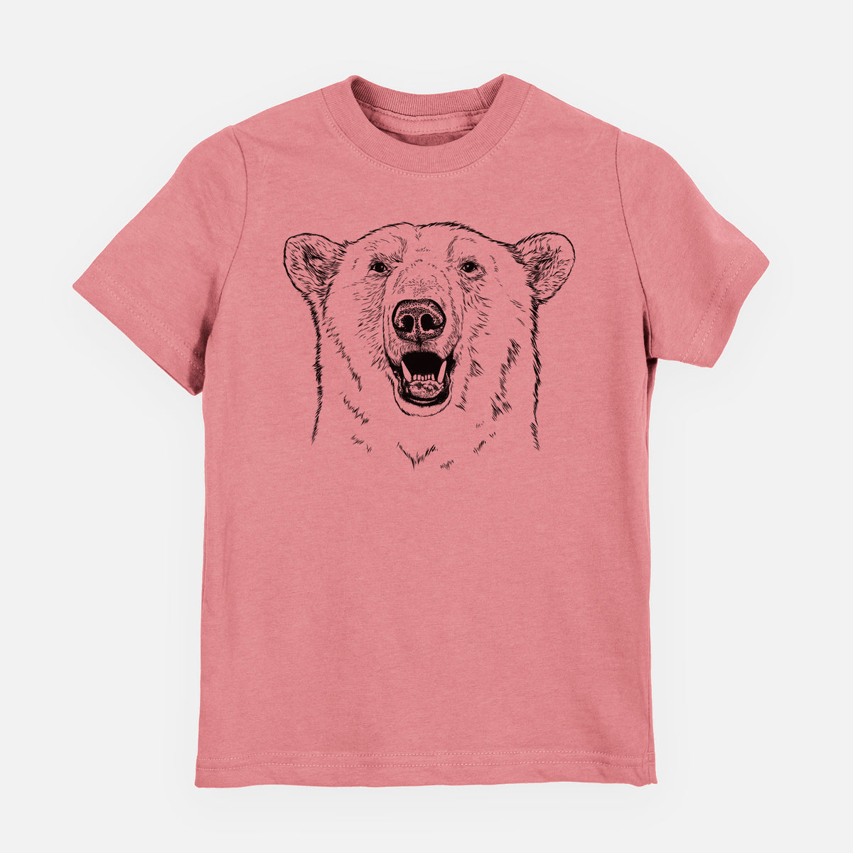 Mauve pink youth t-shirt laid flat, printed with a black ink portrait of a smiling polar bear's face.