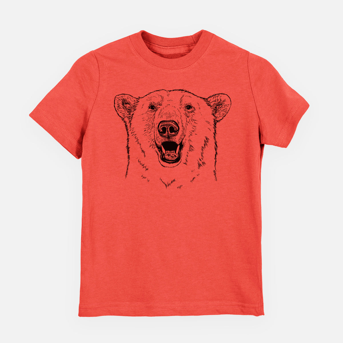 Passionfruit pink youth t-shirt laid flat, printed with a black ink portrait of a smiling polar bear's face.