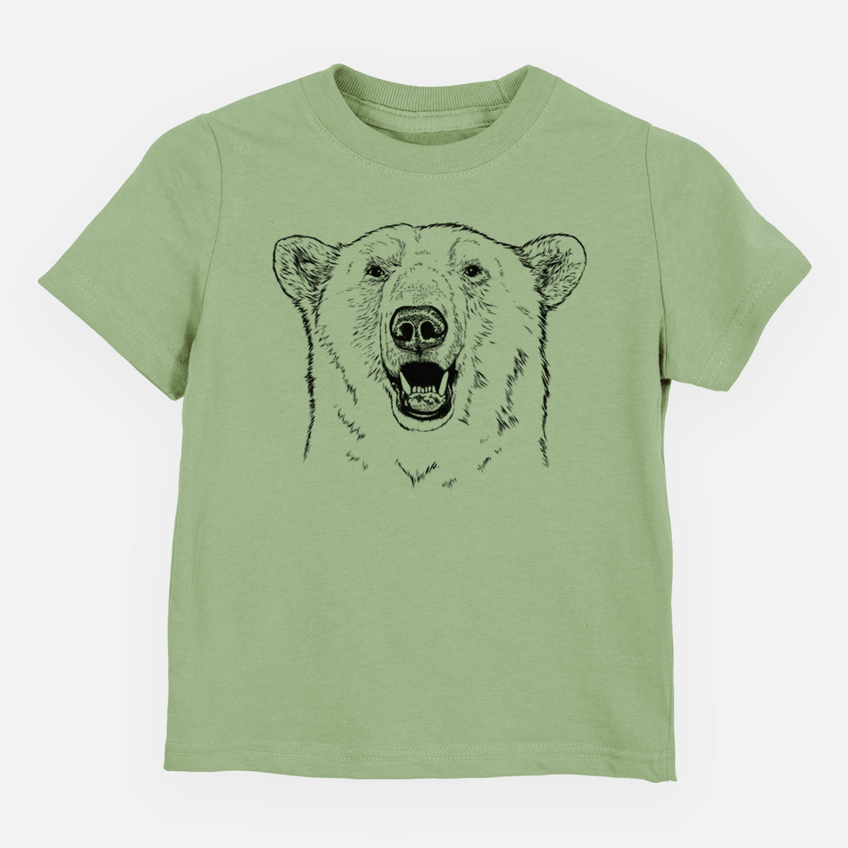 Sage green toddler t-shirt laid flat, printed with a black ink portrait of a smiling polar bear's face.