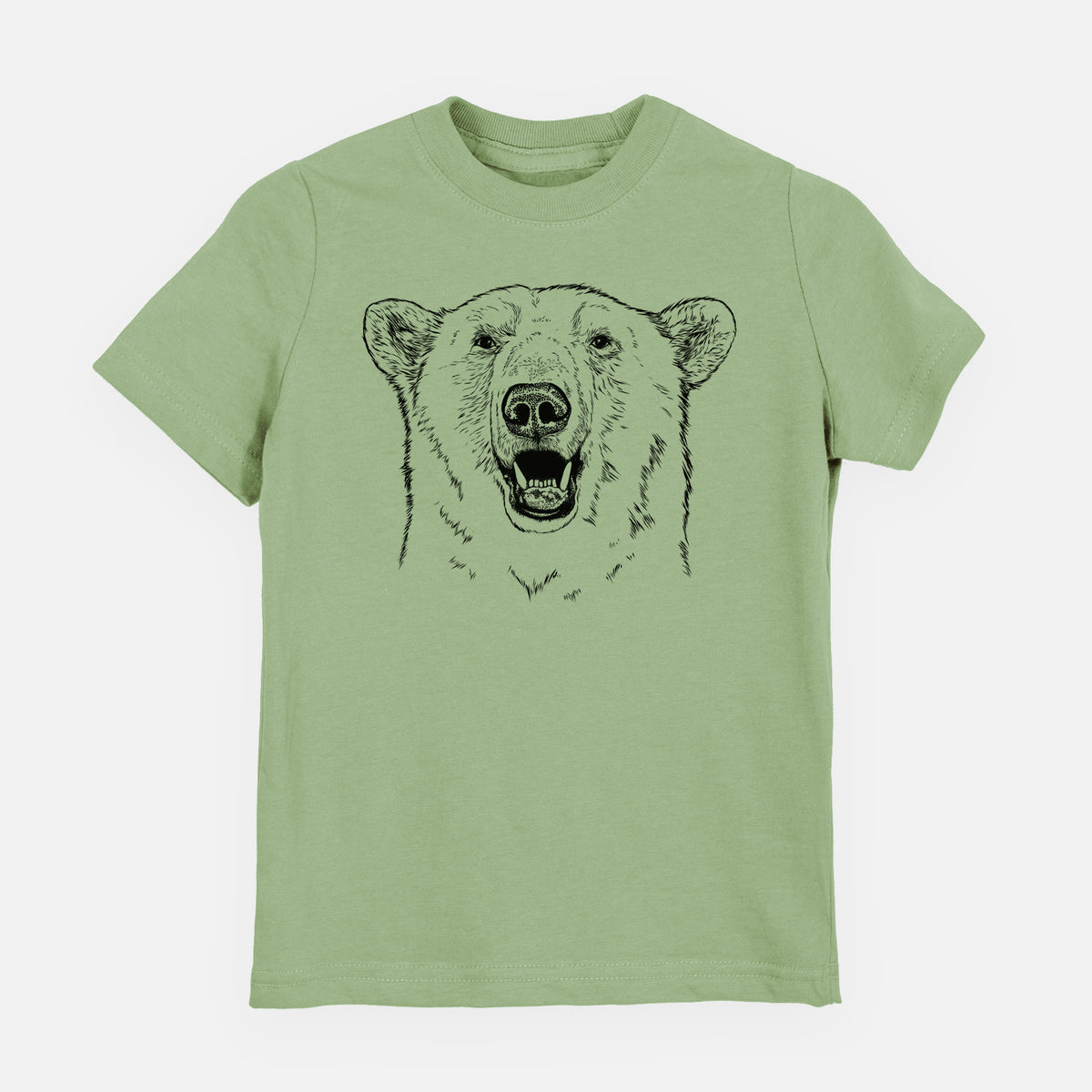 Sage green youth t-shirt laid flat, printed with a black ink portrait of a smiling polar bear's face.