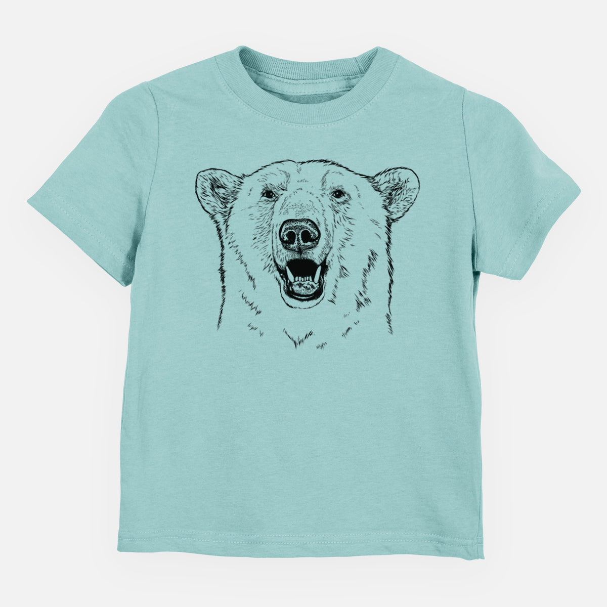 Saltwater toddler t-shirt laid flat, printed with a black ink portrait of a smiling polar bear's face.