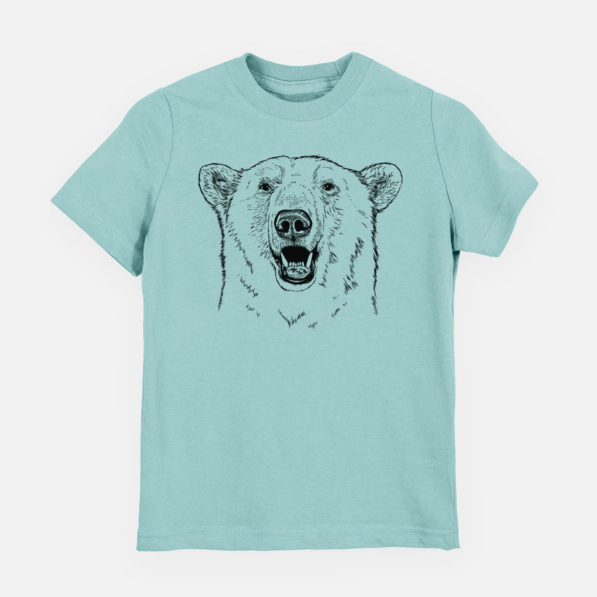 Saltwater youth t-shirt laid flat, printed with a black ink portrait of a smiling polar bear's face.