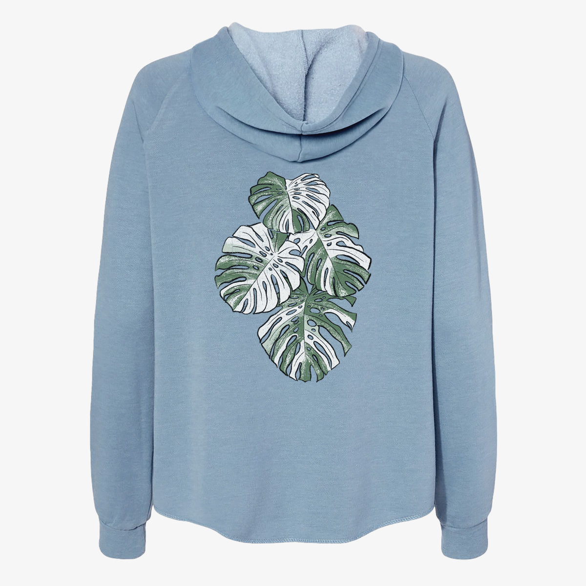 Misty blue women's Cali Wave zip-up sweatshirt laid flat, printed with a full-color illustration of a variegated Monstera leaf in green and white.