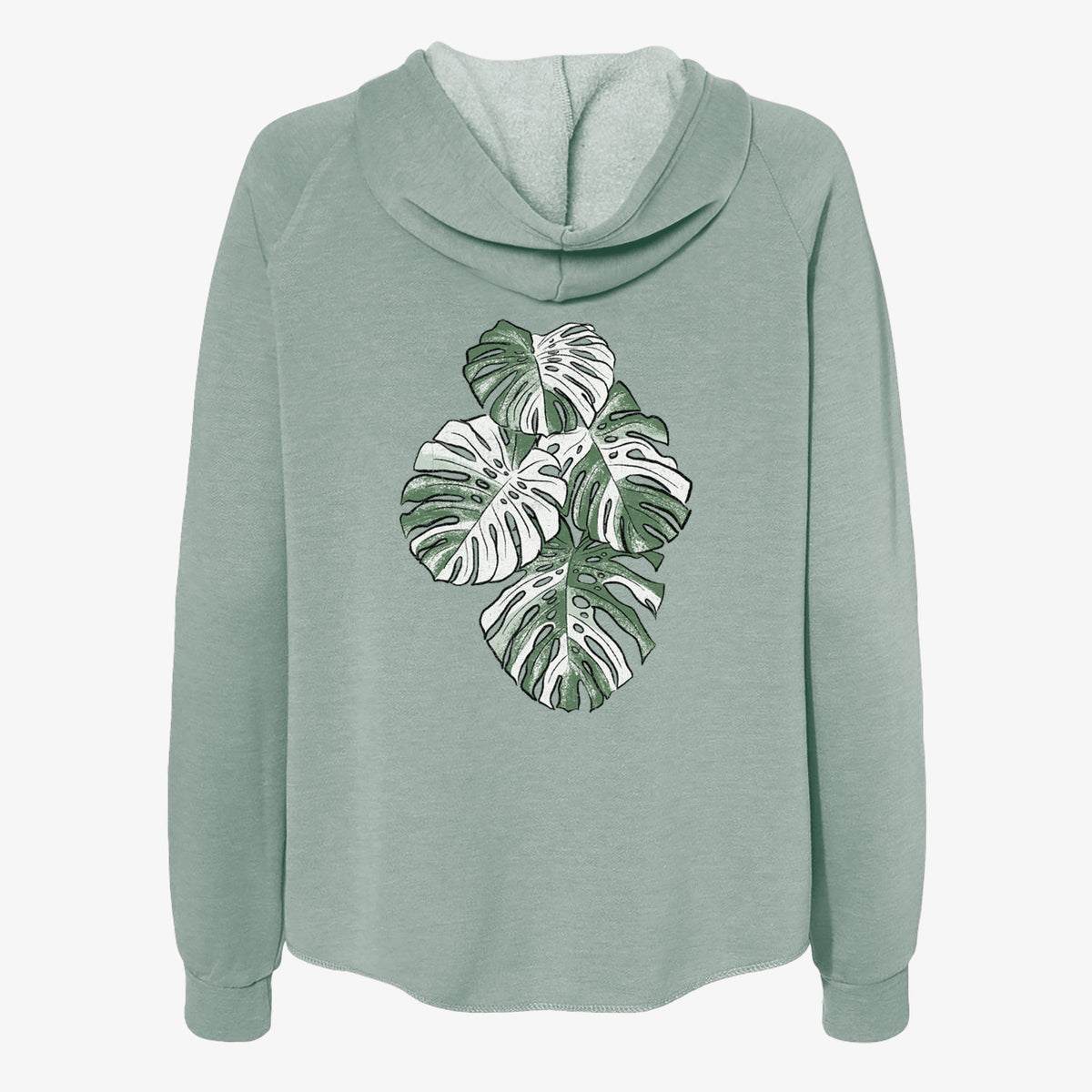 Sage green women's Cali Wave zip-up sweatshirt laid flat, printed with a full-color illustration of a variegated Monstera leaf in green and white.