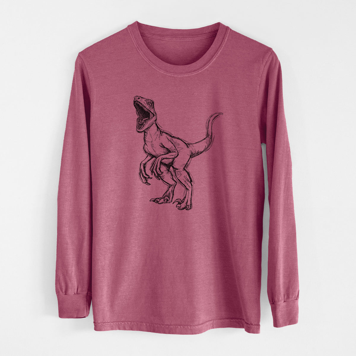 Crimson Comfort Colors long sleeve shirt laid flat, printed with a black ink illustration of a Velociraptor roaring.