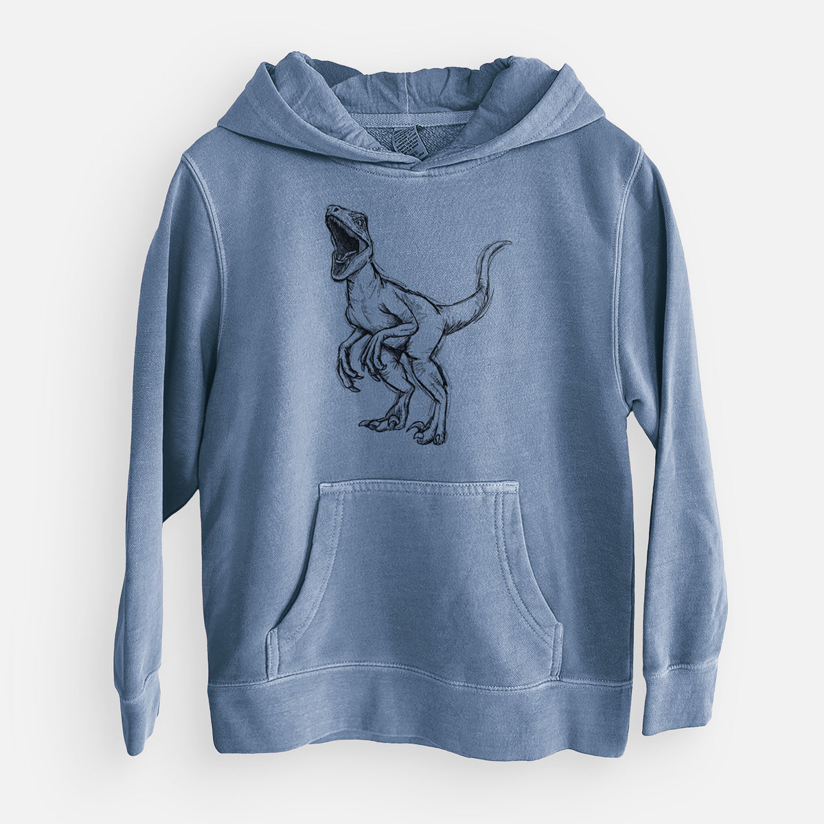 Slate blue youth pigment dyed hoodie laid flat, printed with a black ink illustration of a Velociraptor roaring.