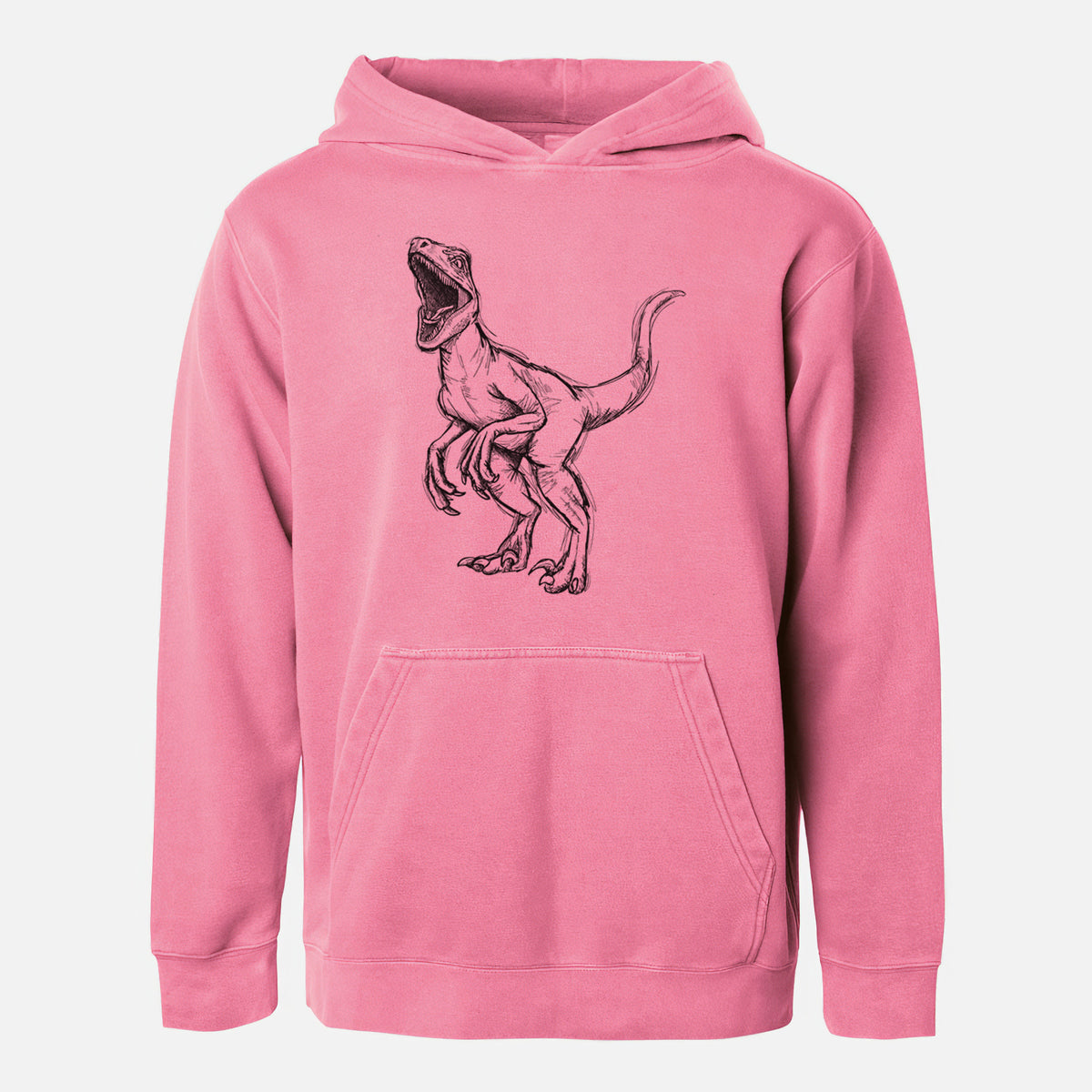 Pigment pink youth pigment dyed hoodie laid flat, printed with a black ink illustration of a Velociraptor roaring.