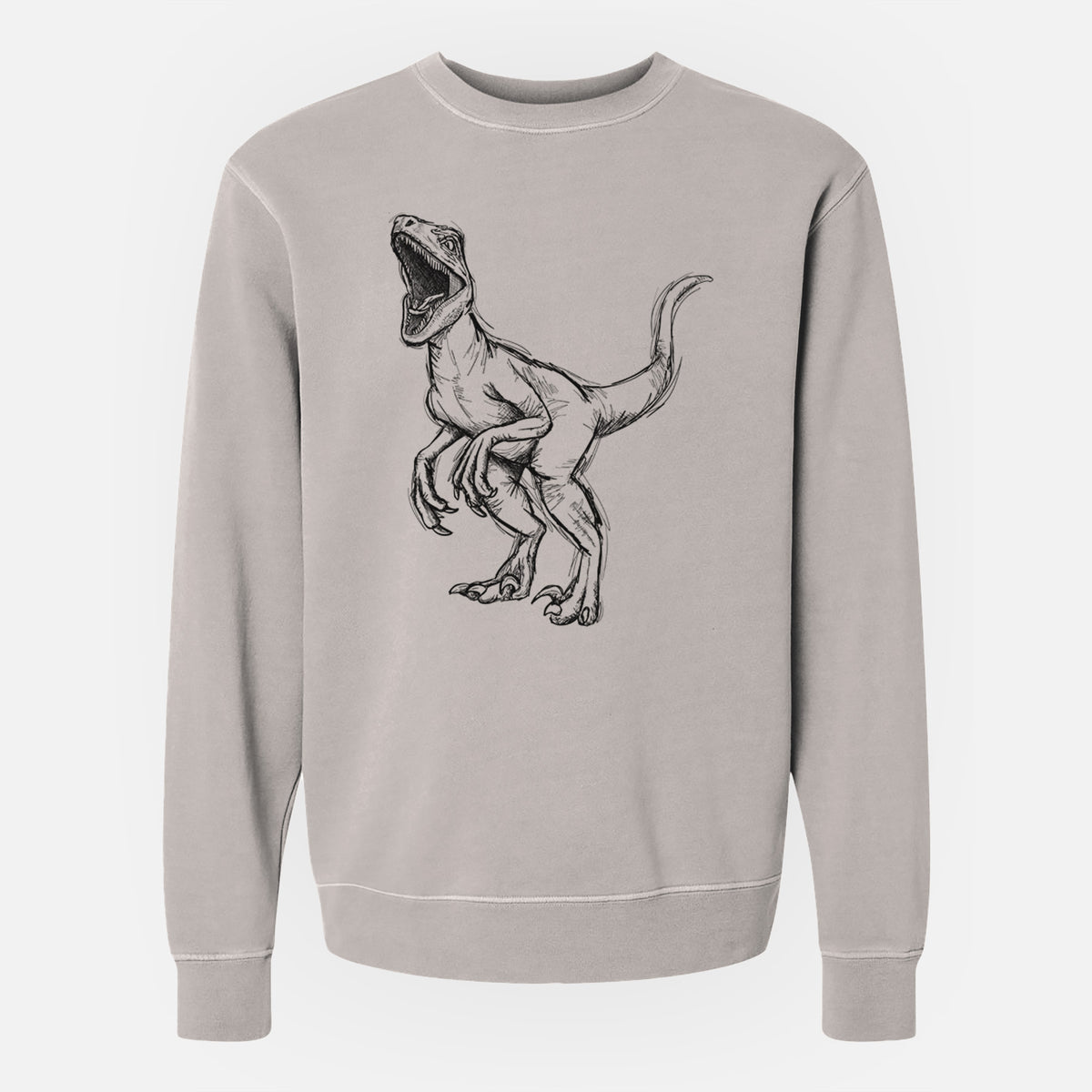 Cement grey pigment dyed crewneck sweatshirt laid flat, printed with a black ink illustration of a Velociraptor roaring.