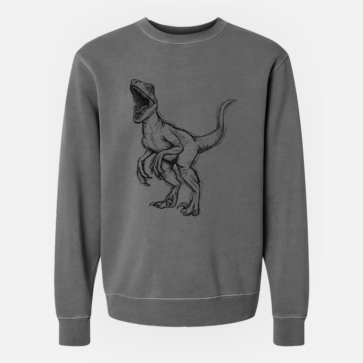 Faded black pigment dyed crewneck sweatshirt laid flat, printed with a black ink illustration of a Velociraptor roaring.