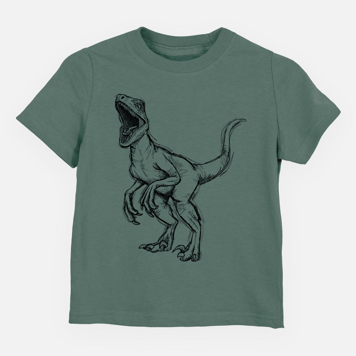 Basil green toddler t-shirt laid flat, printed with a black ink illustration of a Velociraptor roaring.