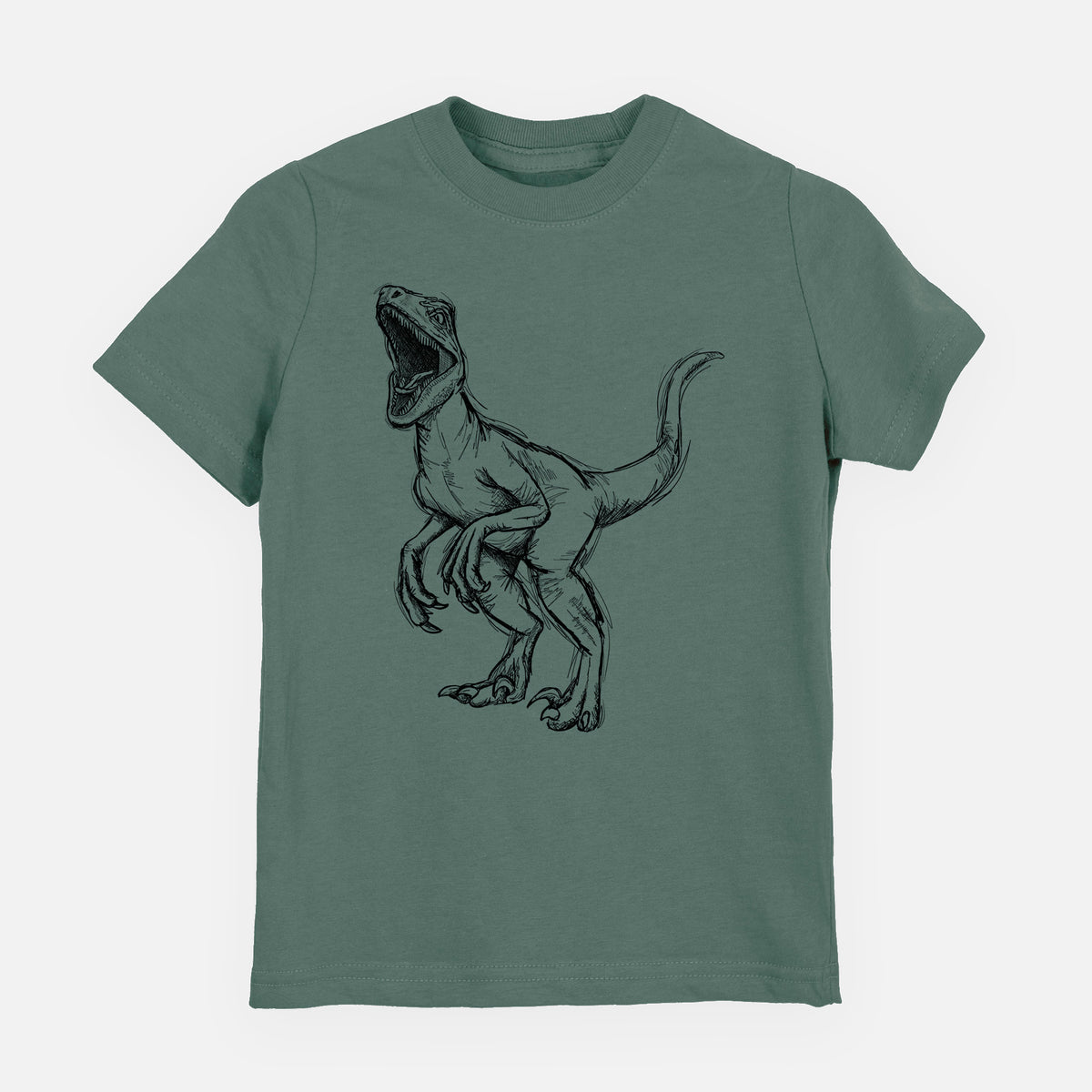 Basil green youth t-shirt laid flat, printed with a black ink illustration of a Velociraptor roaring.