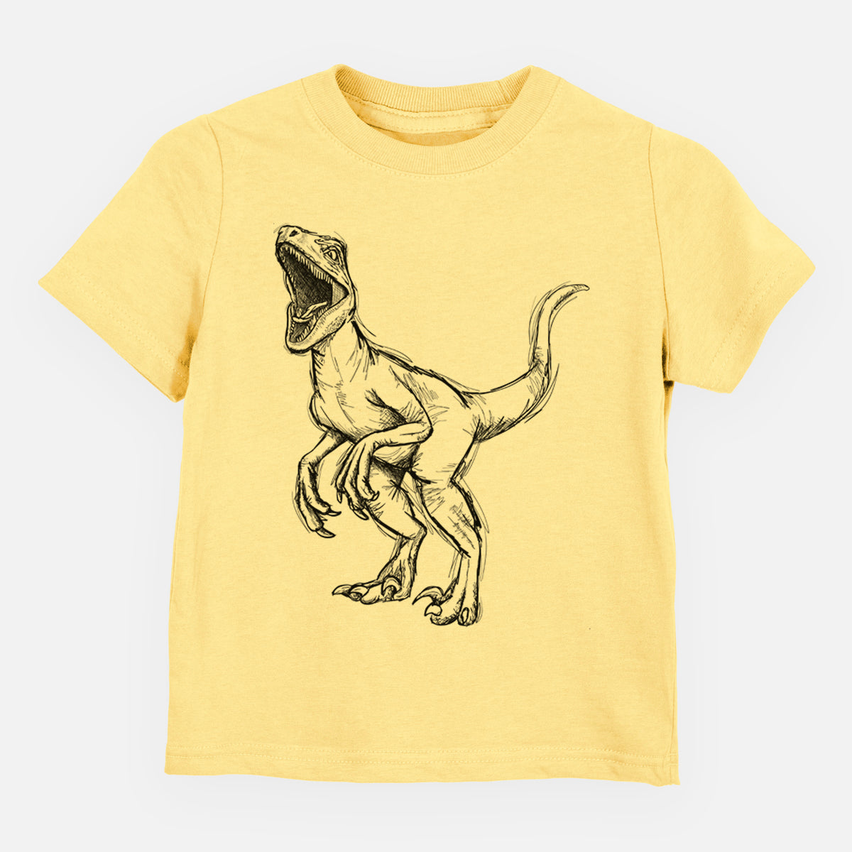 Butter yellow toddler t-shirt laid flat, printed with a black ink illustration of a Velociraptor roaring.